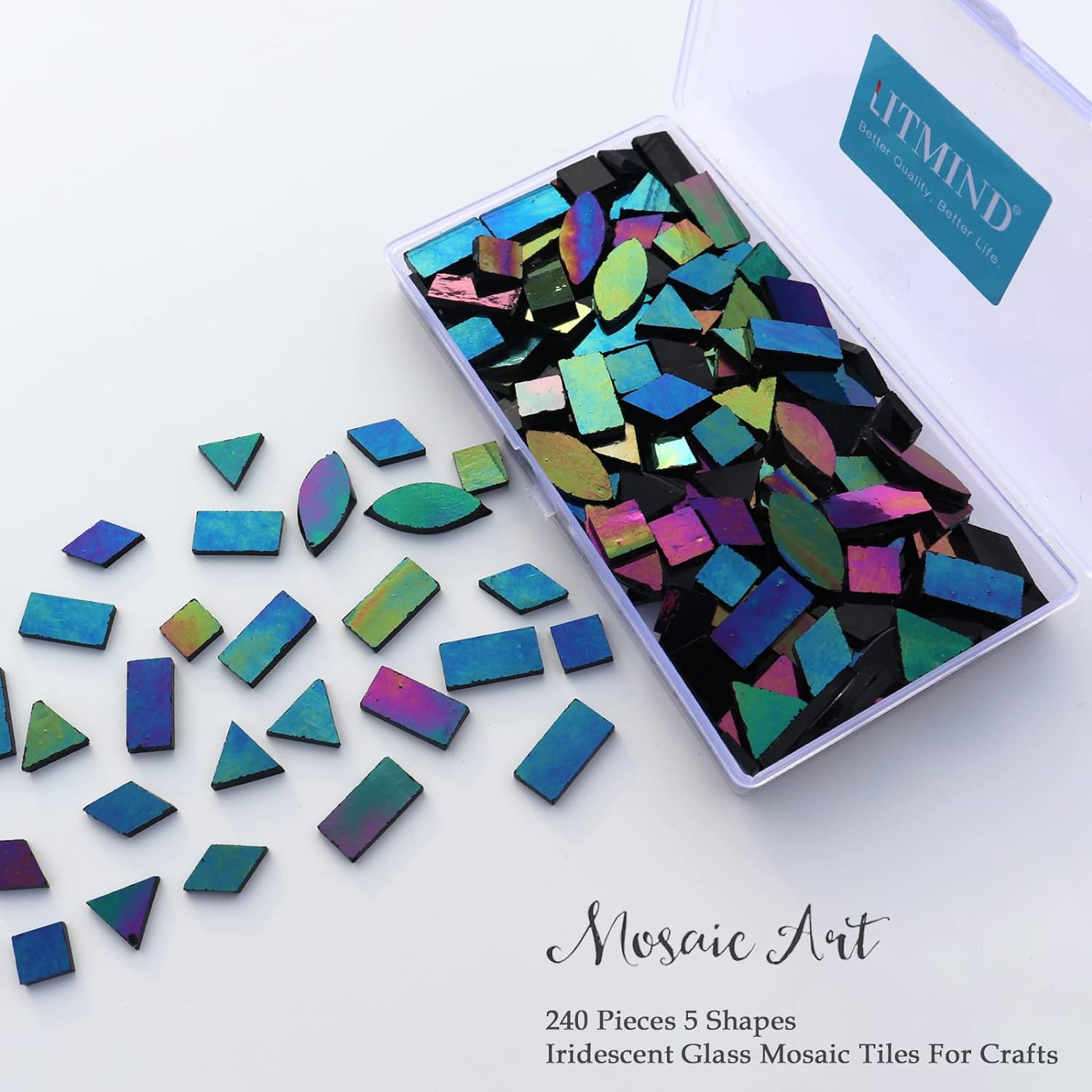 LITMIND Iridescent Glass Mosaic Tiles for Crafts, 240 Pieces 5 Shapes Mixed Stai
