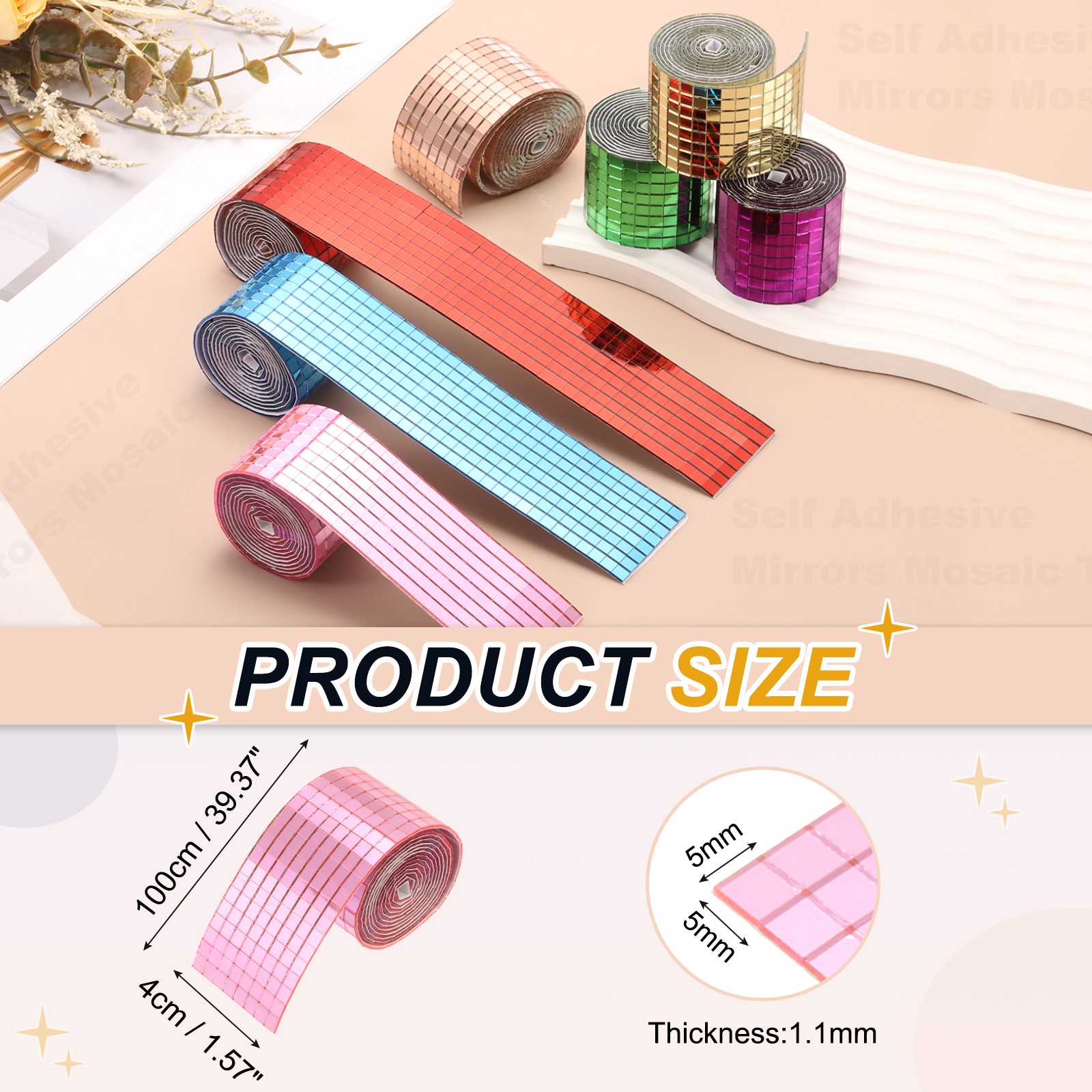 5x5mm Self Adhesive Mirrors Mosaic Tiles, 3840 Pcs Mosaic Sticker, Pink