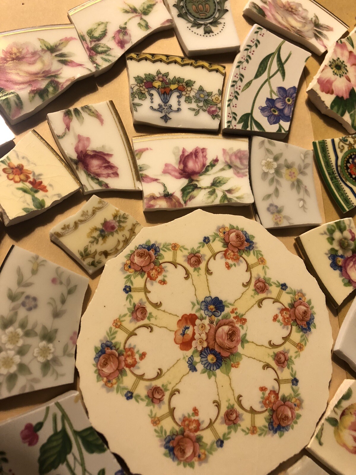 Vintage/antique china mosaic ready cut larger tiles Asst.florals, no solid tiles