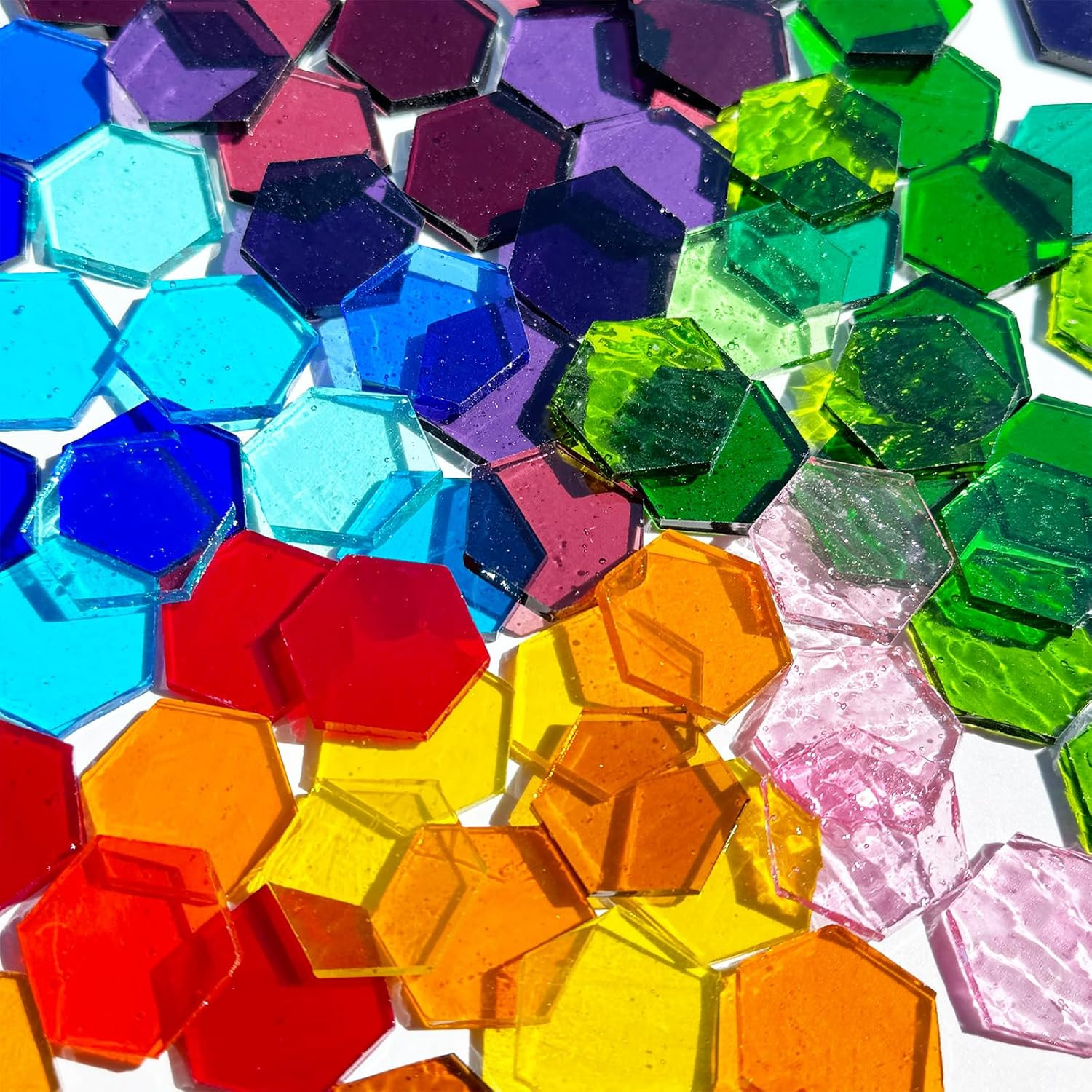 100 Pieces Hexagon Glass Mosaic Tiles for Crafts, Transparent Stained Glass Prec