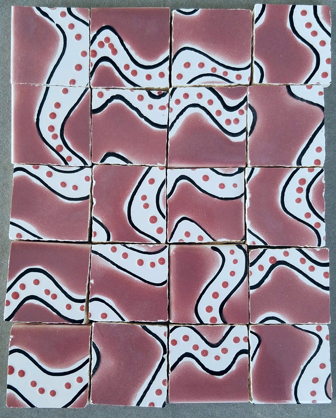 20 Handmade Hand Painted Mosaic Tiles Funky Wavy Mauve