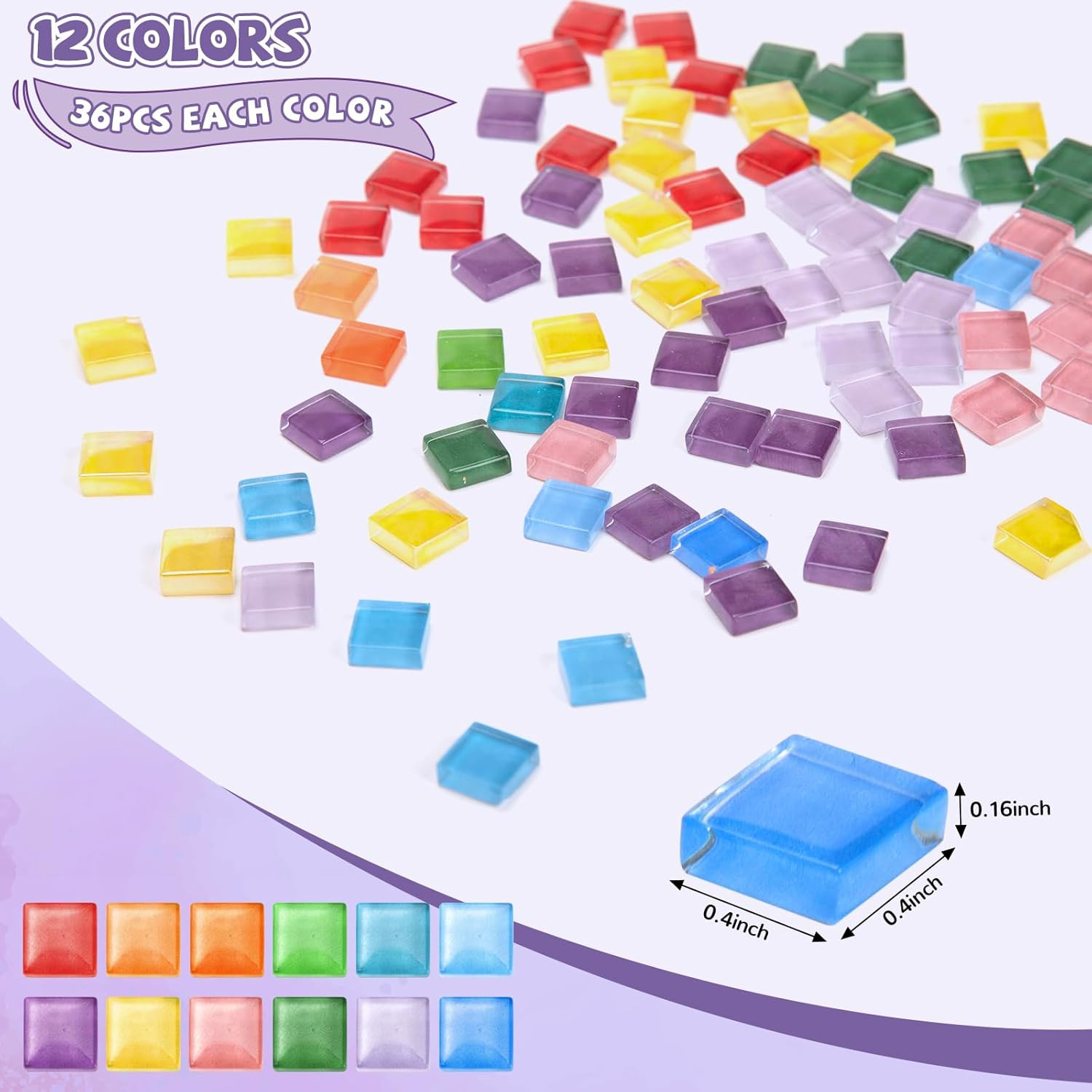 432 Pcs Glass Mosaic Tiles 12 Colors 10Mm Glass Pieces with Storage Box | Transp