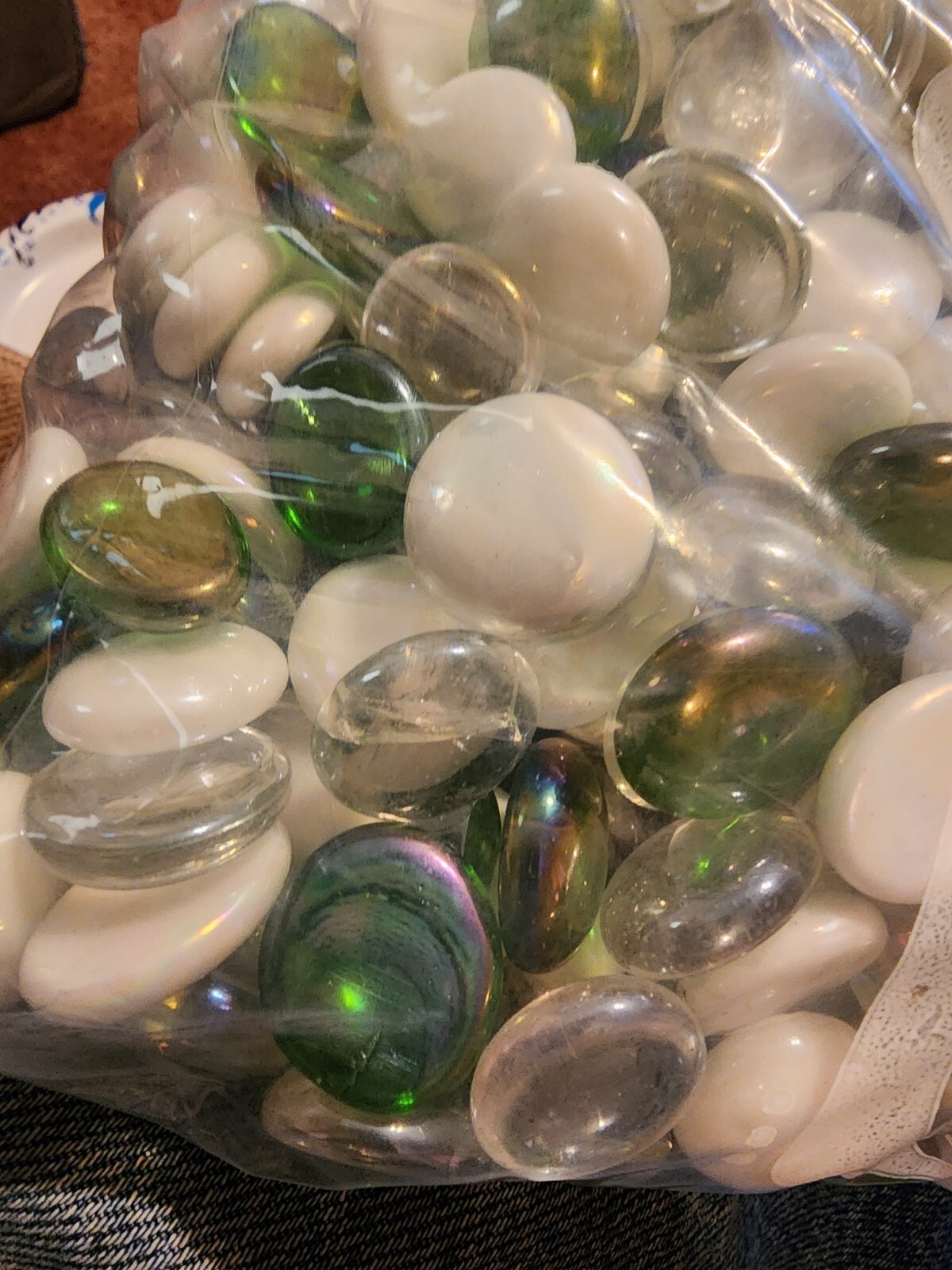 White Green Assortmnt Round Iridescent Flat Glass Gems Mega Marbles 18-22mm