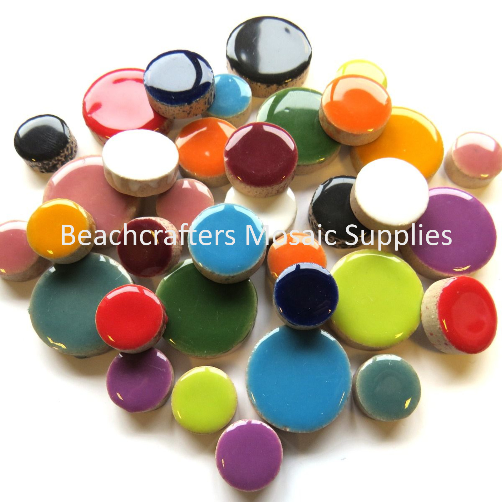 Round Ceramic Mosaic Tile Pieces – 50 Tiles – Mixed Sizes – Mixed Colors