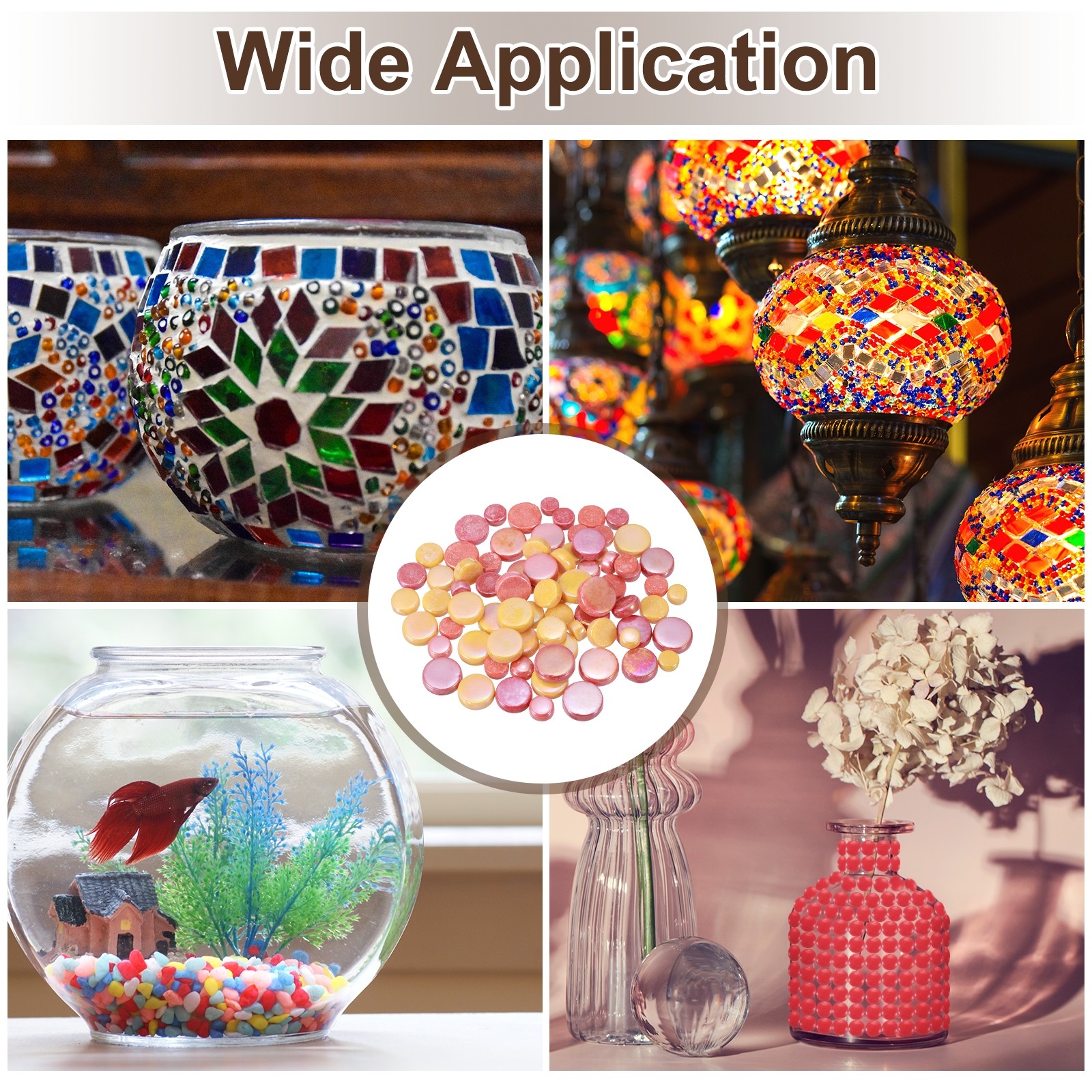 200g Multi-Size Iridescent Round Mosaic Tiles for Crafts (Mixed Red Yellow)