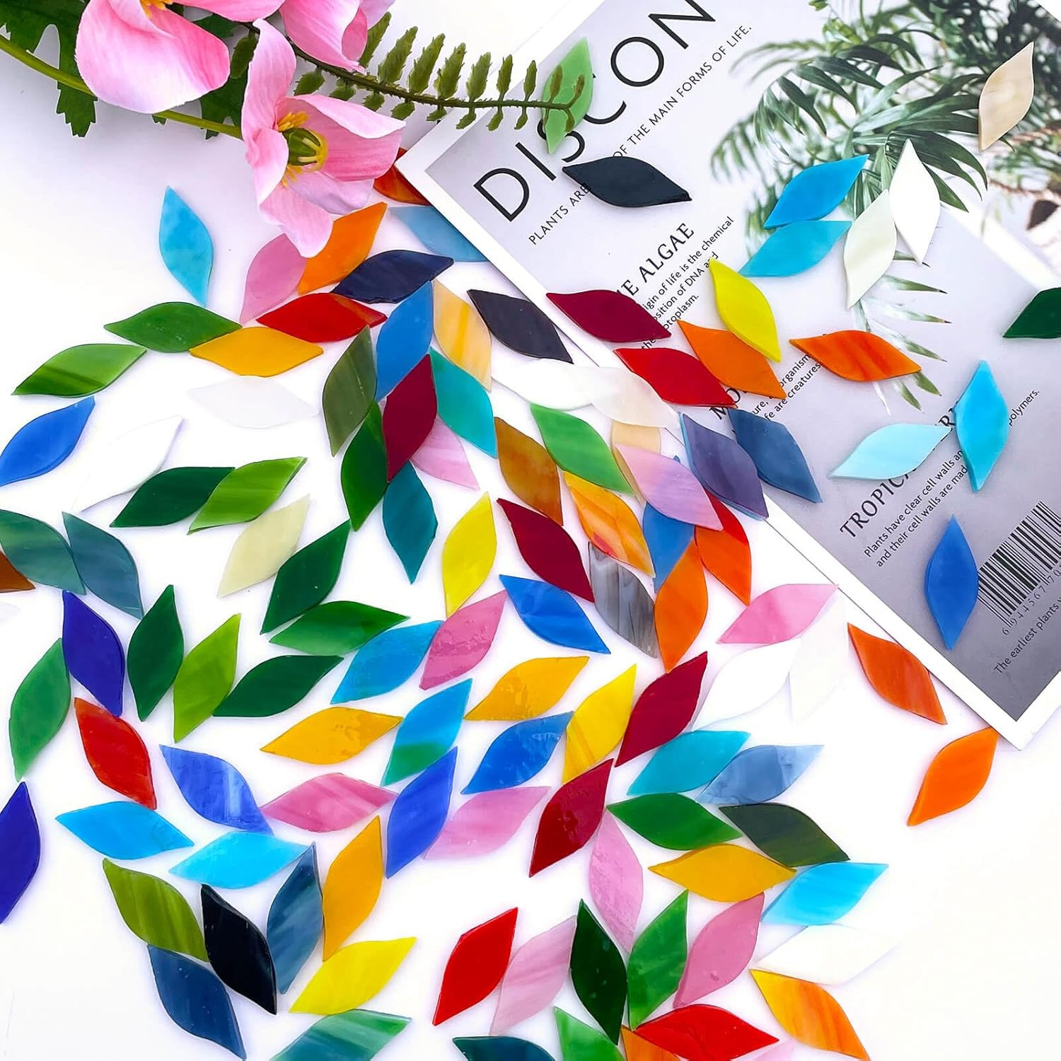 120 Pieces Mixed Colors Mosaic Glass Petals & Leaves, Hand-Cut Stained Glass Mos
