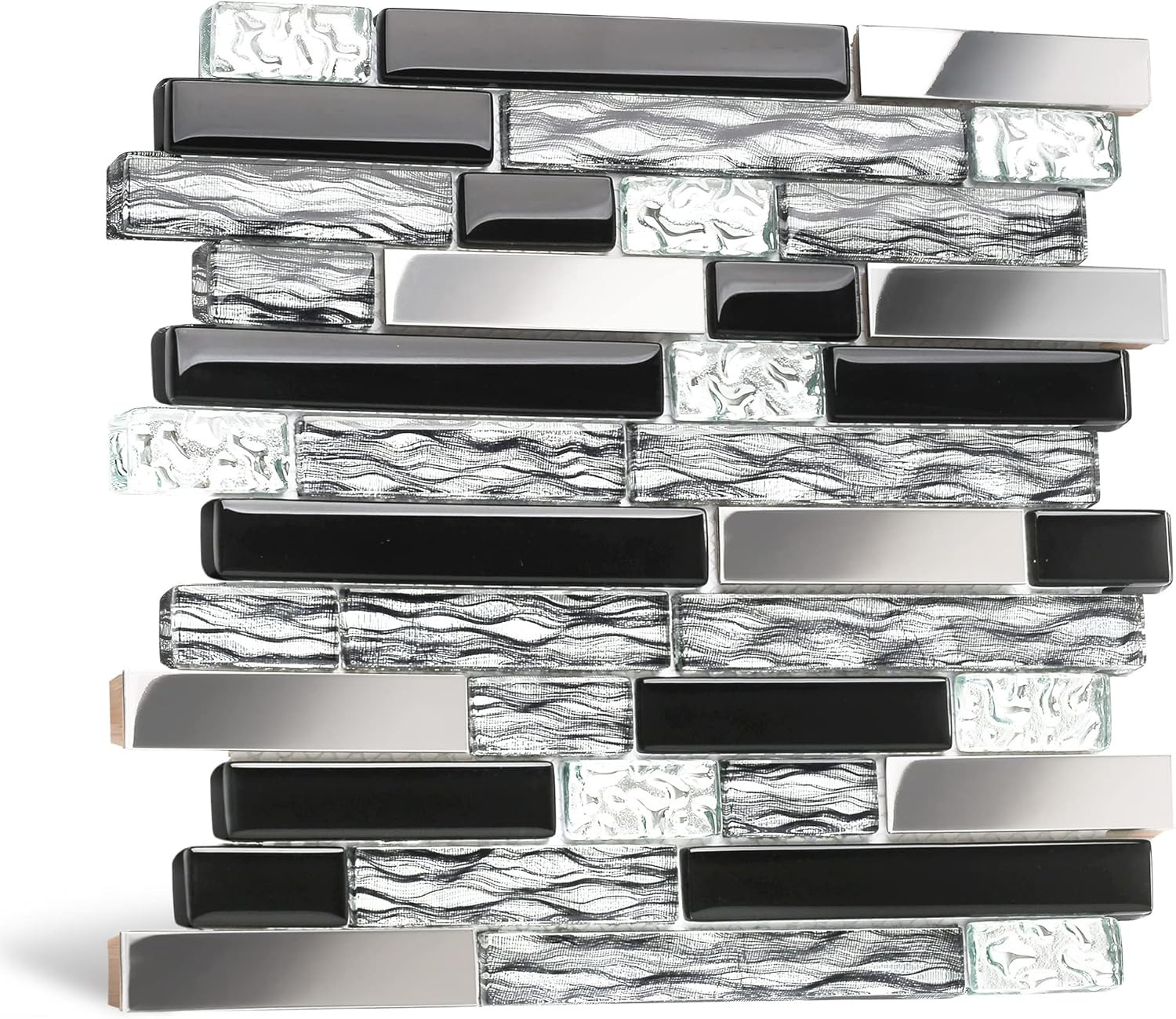 Glass Metal Tiles Art Mosaic Silk Black Crystal Glass Chrome Silver Steel Accent