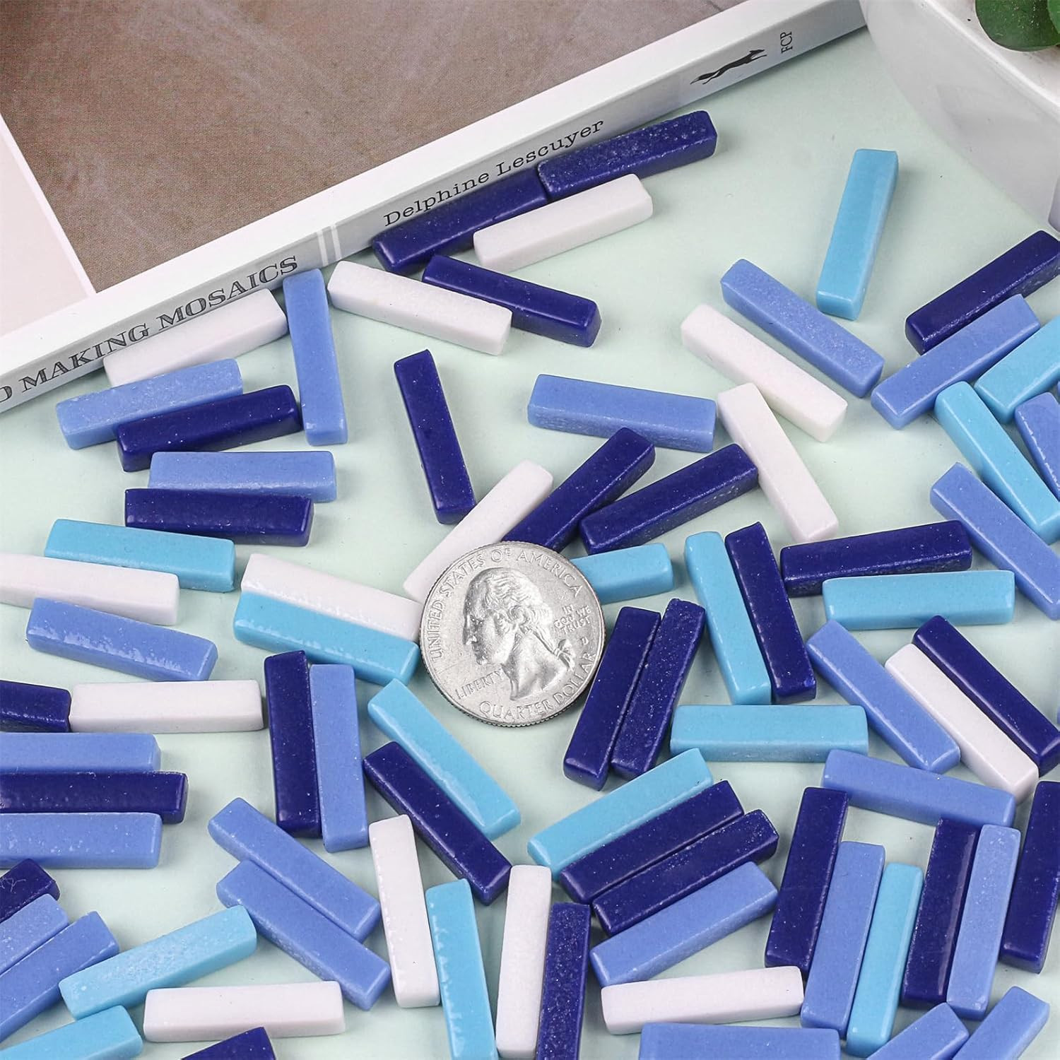 Mosaic Tiles for Crafts Bulk, 200G Blue Colors Glass Pieces, Strips Shapes for D