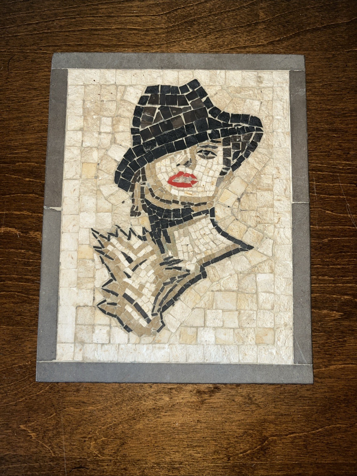 Handcrafted Marble Stone Mosaic Portrait Woman in Fedora Wall Art Tile Panel