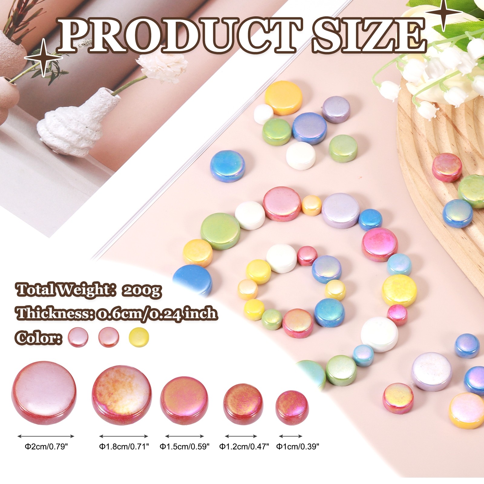 200g Multi-Size Iridescent Round Mosaic Tiles for Crafts (Mixed Red Yellow)