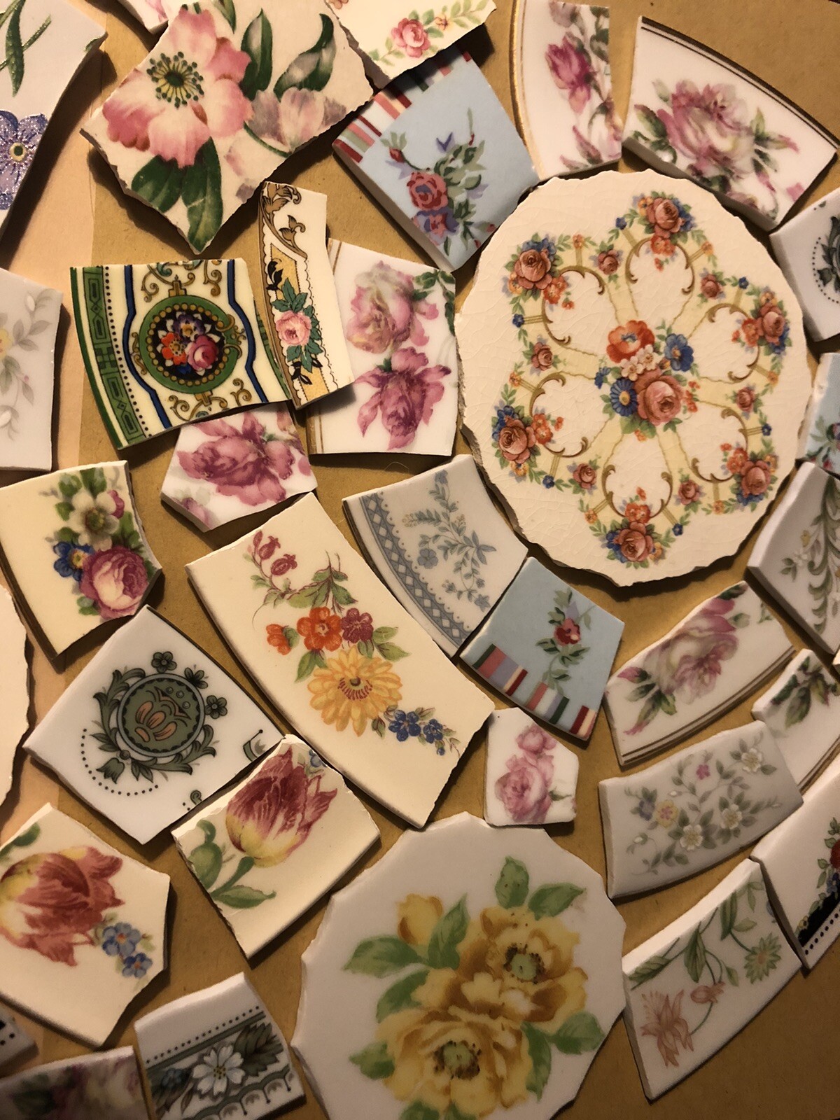 Vintage/antique china mosaic ready cut larger tiles Asst.florals, no solid tiles