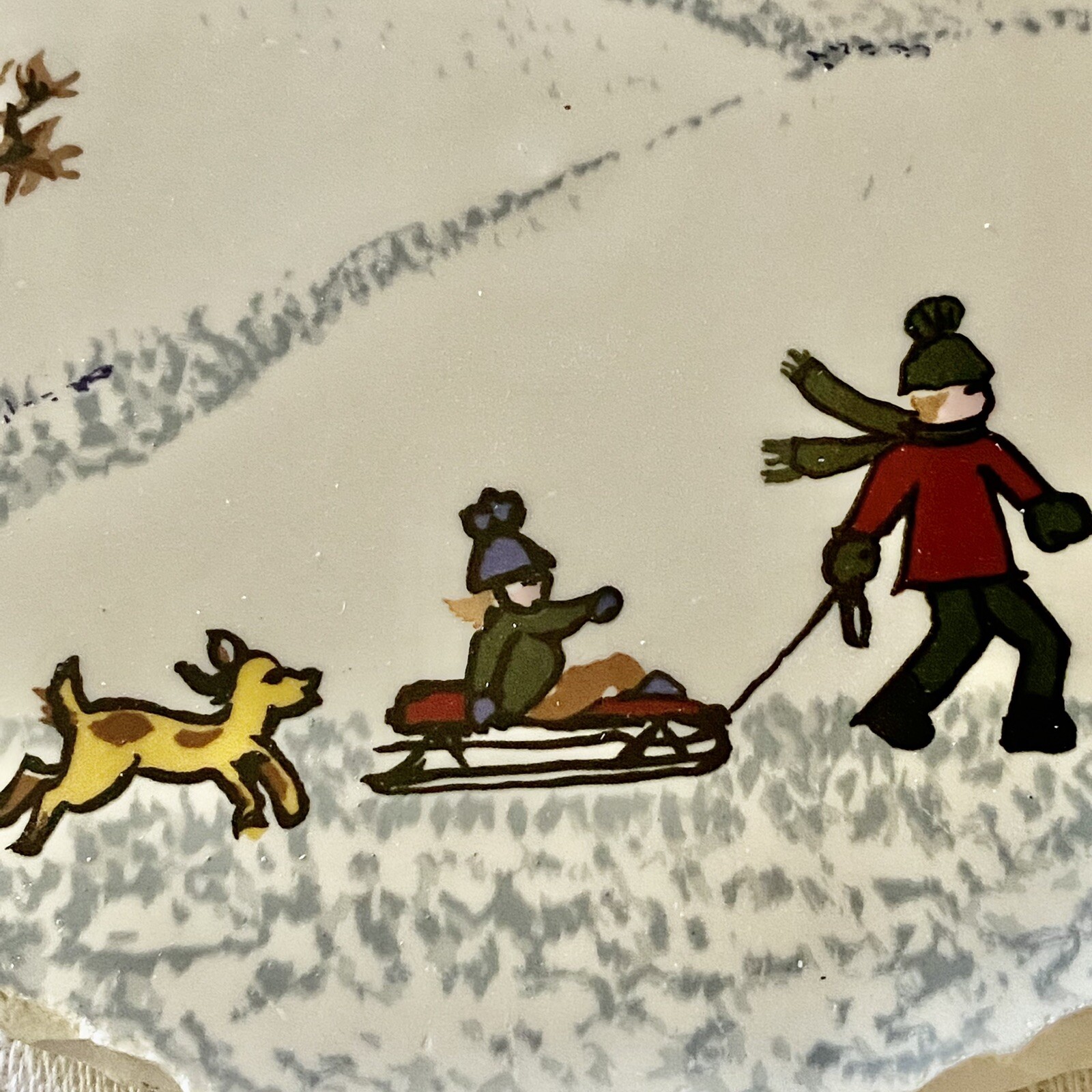 Broken China Plate Mosaic Tiles FOCAL~ (4”)~WINTER~COUNTRY~BARN~KIDS~SLED ~DOG