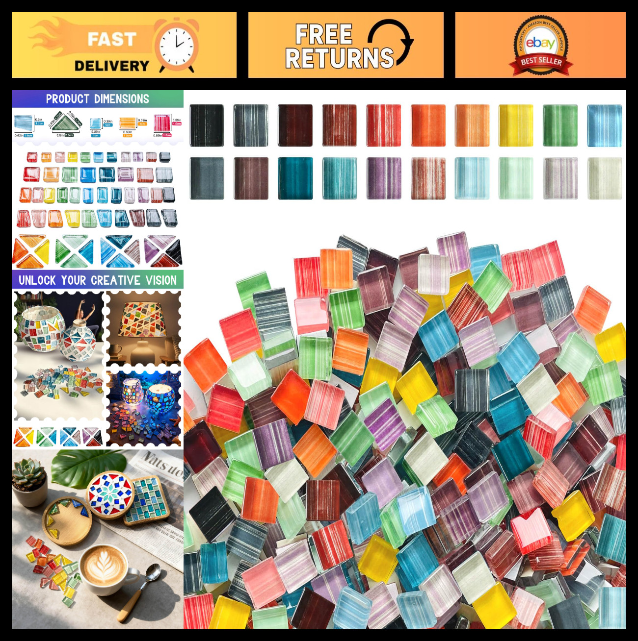 Striped Crystal Glass Mosaic Tiles 10mm Assorted Colors – Craft DIY Home Décor