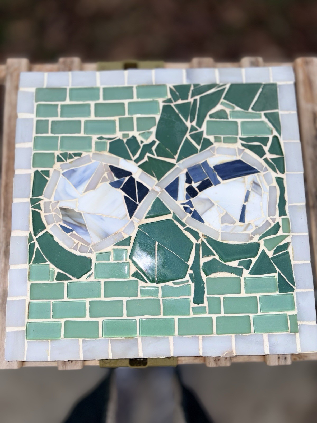 Handmade Glass Mosaic Tile Artwork Infinity Design Green White Blue