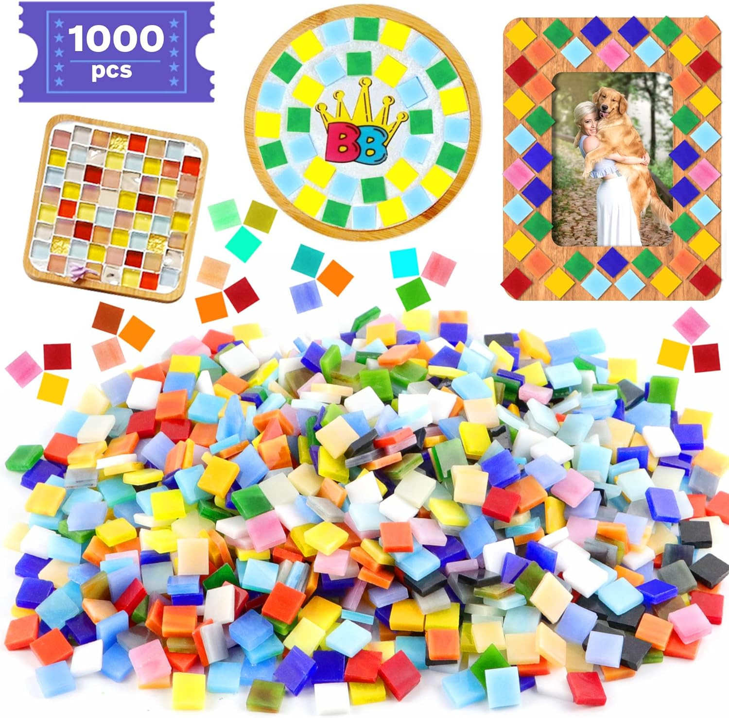1000 Pcs Mosaic Tiles, Glass Mosaic Tiles for Crafts Bulk, Stained Mosaic Gla…