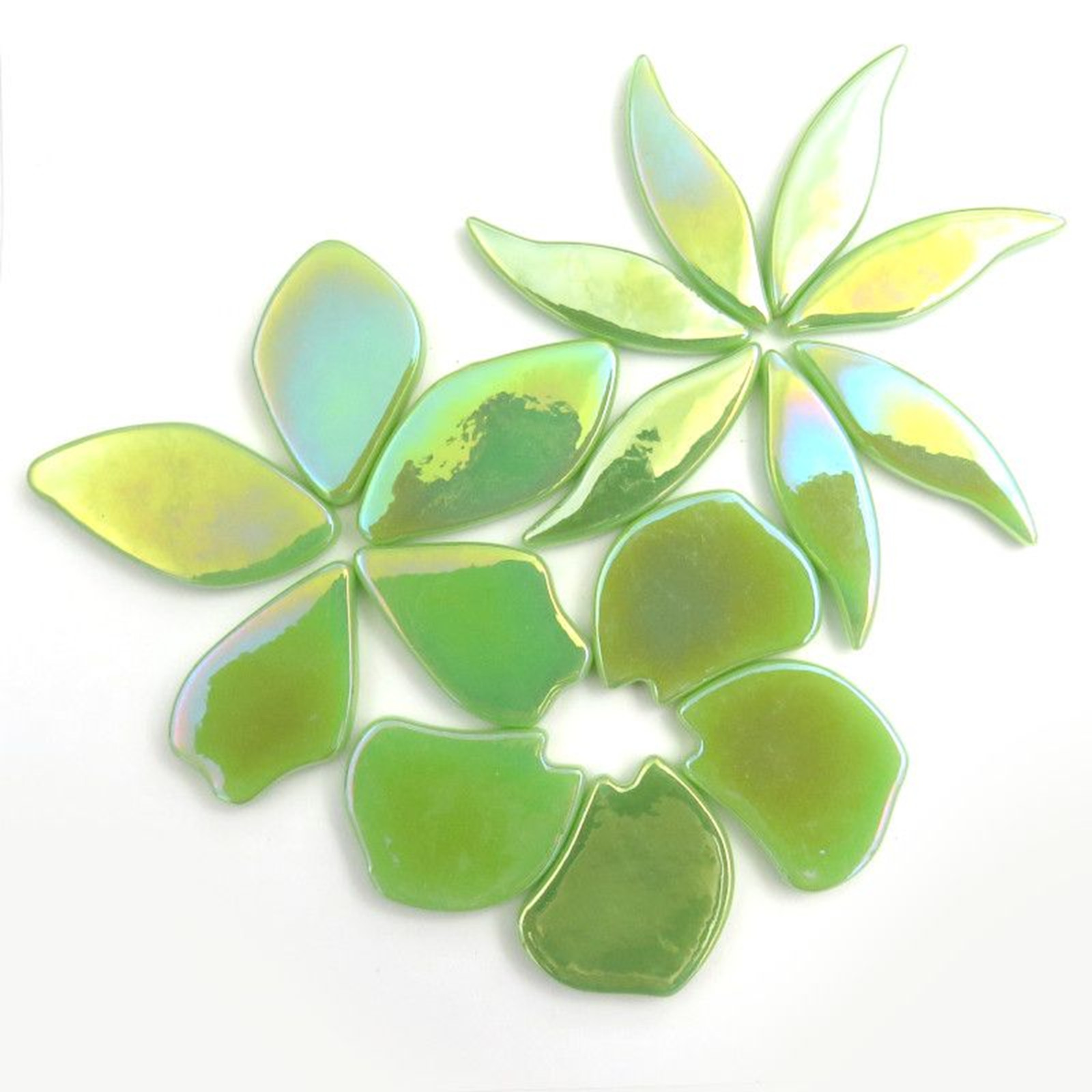 20 Iridescent Mint Green Petal Glass Mosaic Tile Pieces – 25 mm-30 mm /4 mm