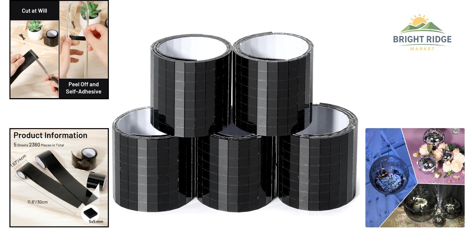 DIY Disco Ball Stickers, 2360 PCS Black Glass Tiles for Interior Decoration