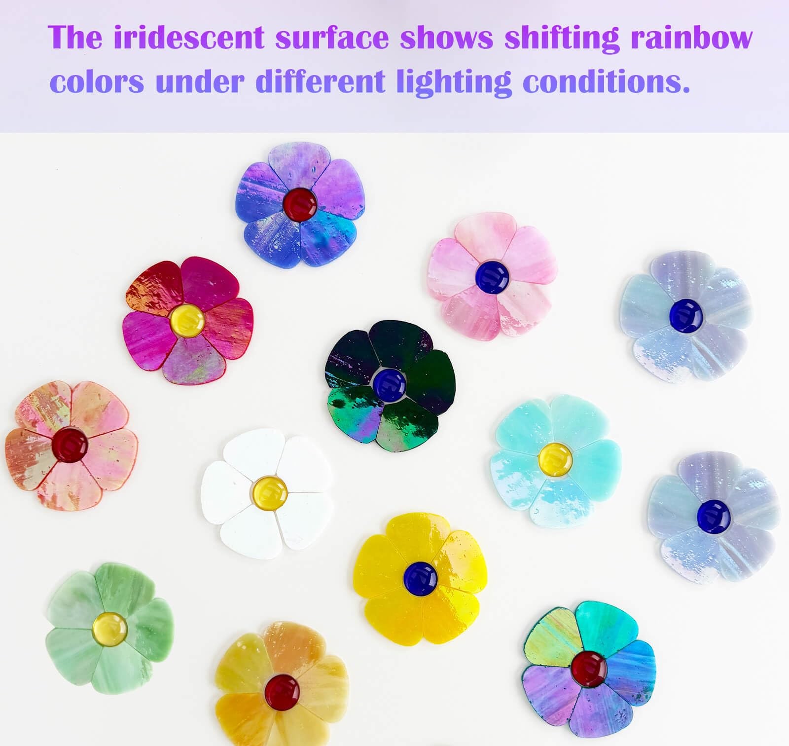 24 Pcs Stained Glass Flower Mosaic Tiles – 12 Iridescent Colors, Large & Smal…