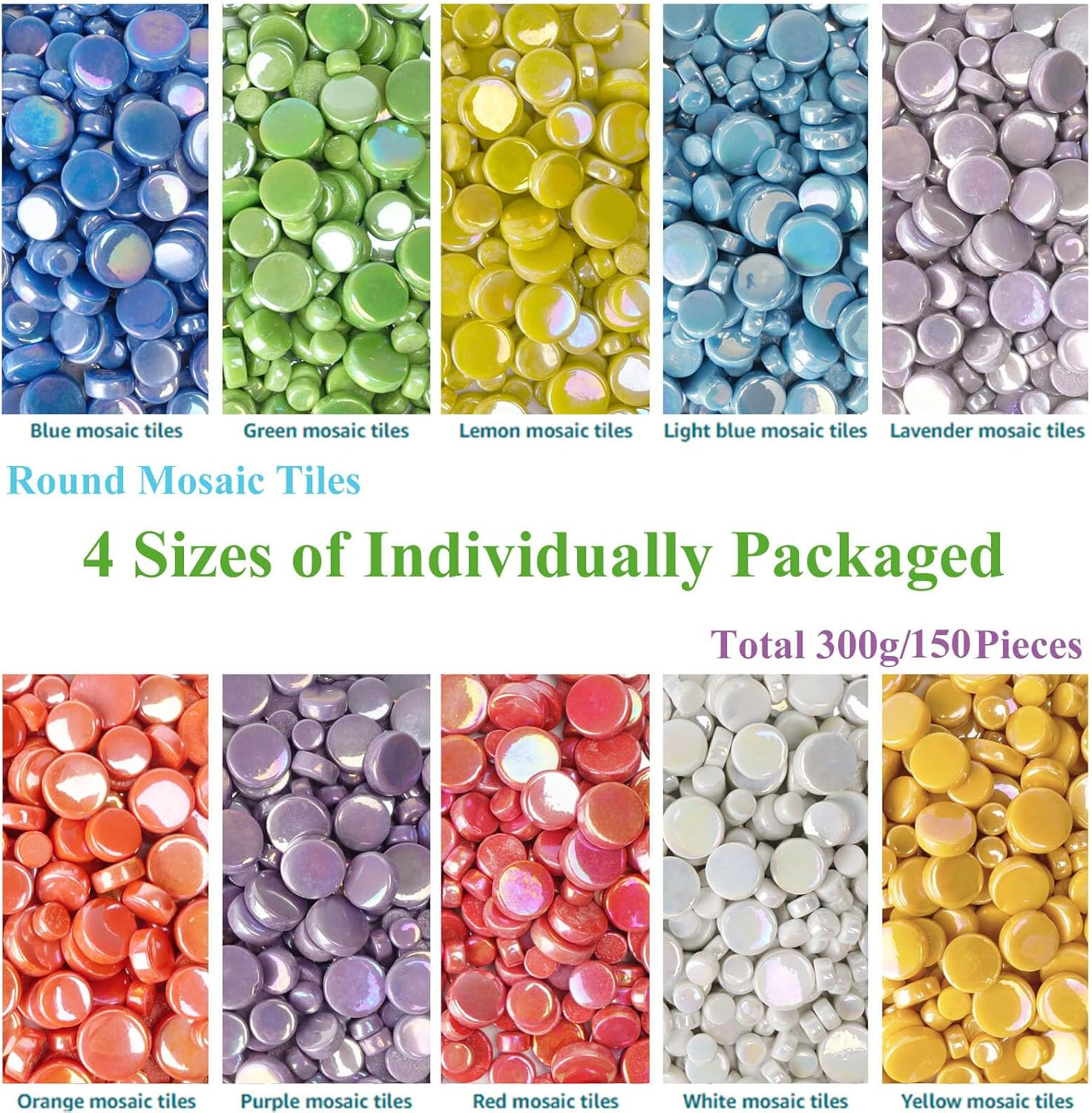 Light Blue round Glass Tiles for Crafts, 300G Iridescent Mosaic Tiles, Assorted