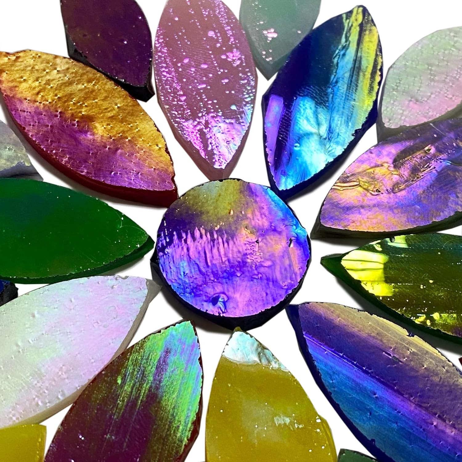 120 Pcs Magic Iridescent Mosaic Tiles, Hand Cut Stained Glass Petals, Floral Mos