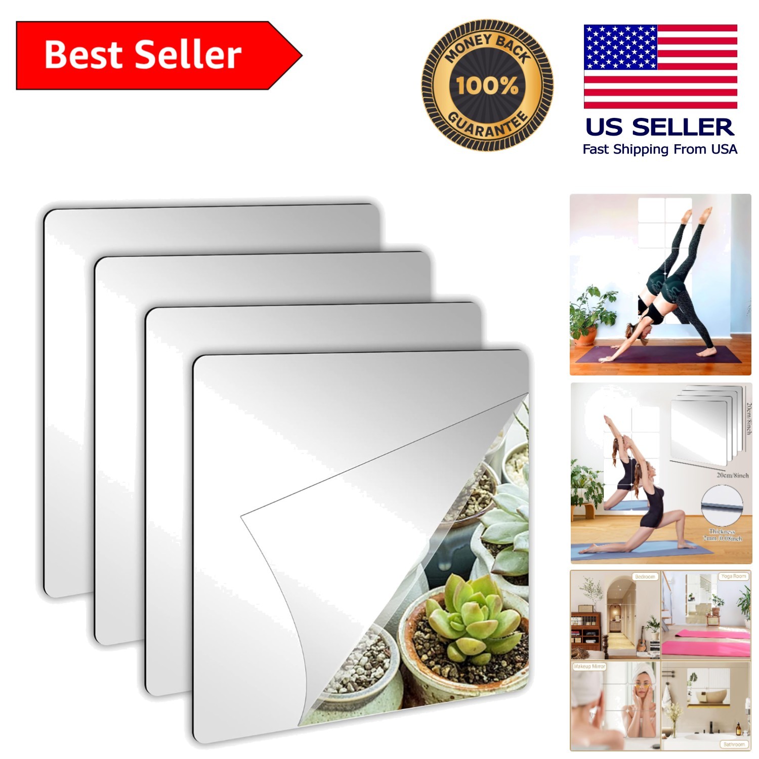 Frameless 8×8 Inch Acrylic Mirrors – Self-Adhesive Wall Decorations for Any Room