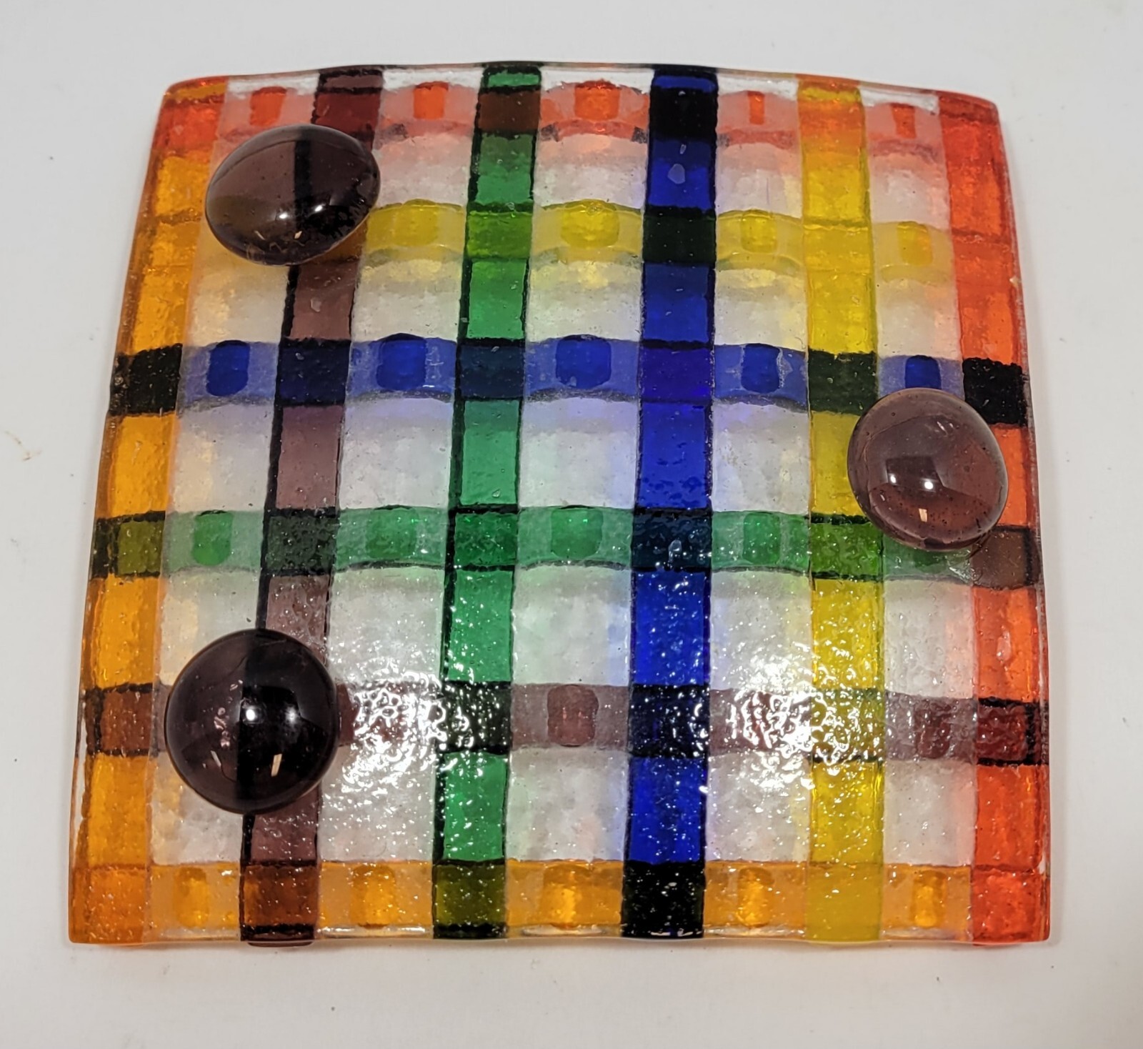 4×4″ Decorative Tray Fused Art Glass Colorful Woven Pattern