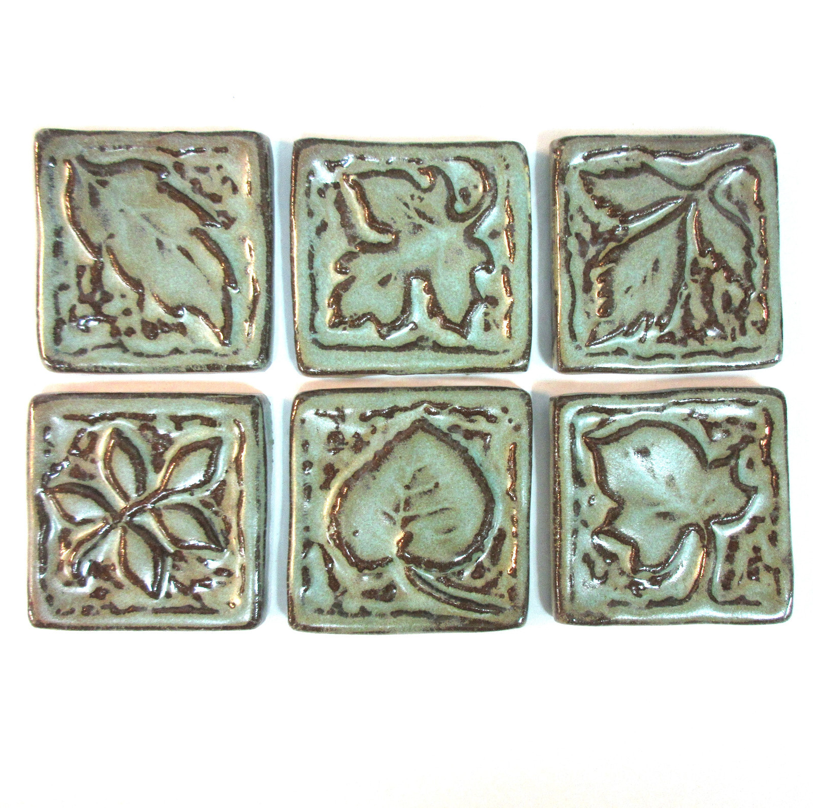 LEAF MOSAIC TILES Handmade Ceramic Art Tiles, Rustic Turquoise Green Set of 6