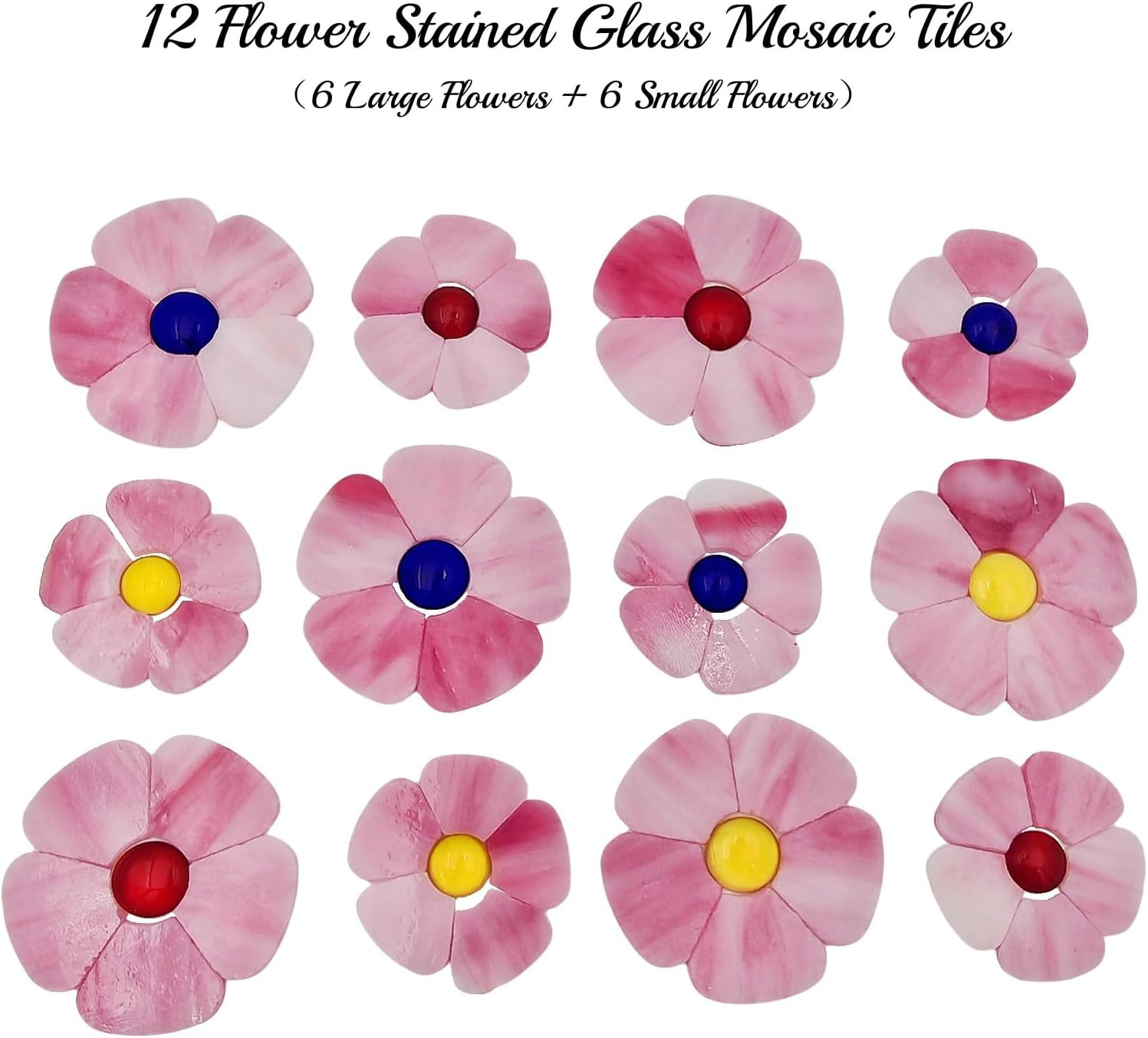 12 Flower Stained Glass Mosaic Tiles – 2 Size Floral Petals & Flat Bead Mosaic G