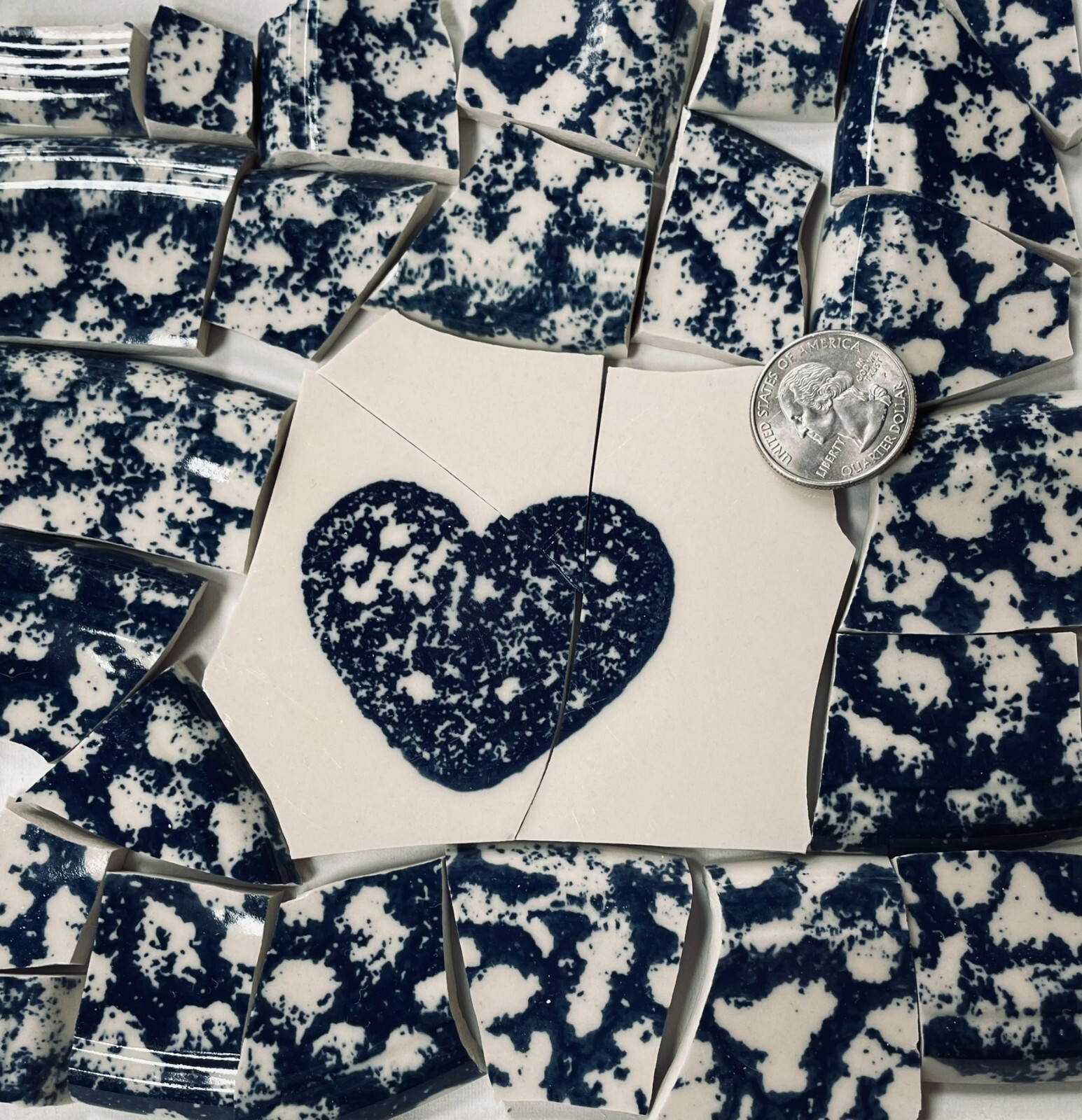 Broken China Mosaic Tile Arts and Craft Supplies – Blue White Heart Tile E819