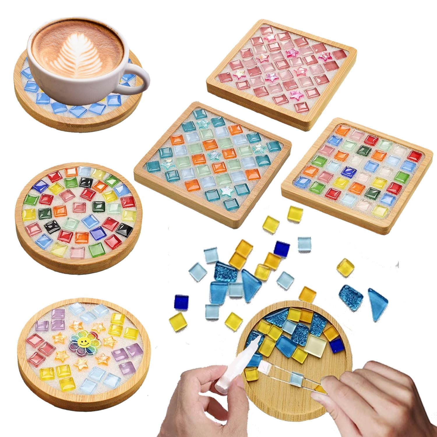 6 Sets DlY Mosaic Tiles for Crafts,Mixed Color Glass Mosaic Kits with Wooden …