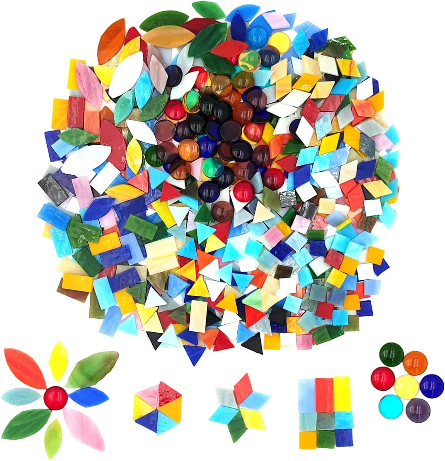 Mixed Color Glass Mosaic Tiles 1.3Lb/600G, 6 Mixed Shapes Petal Leaf/Round/Recta