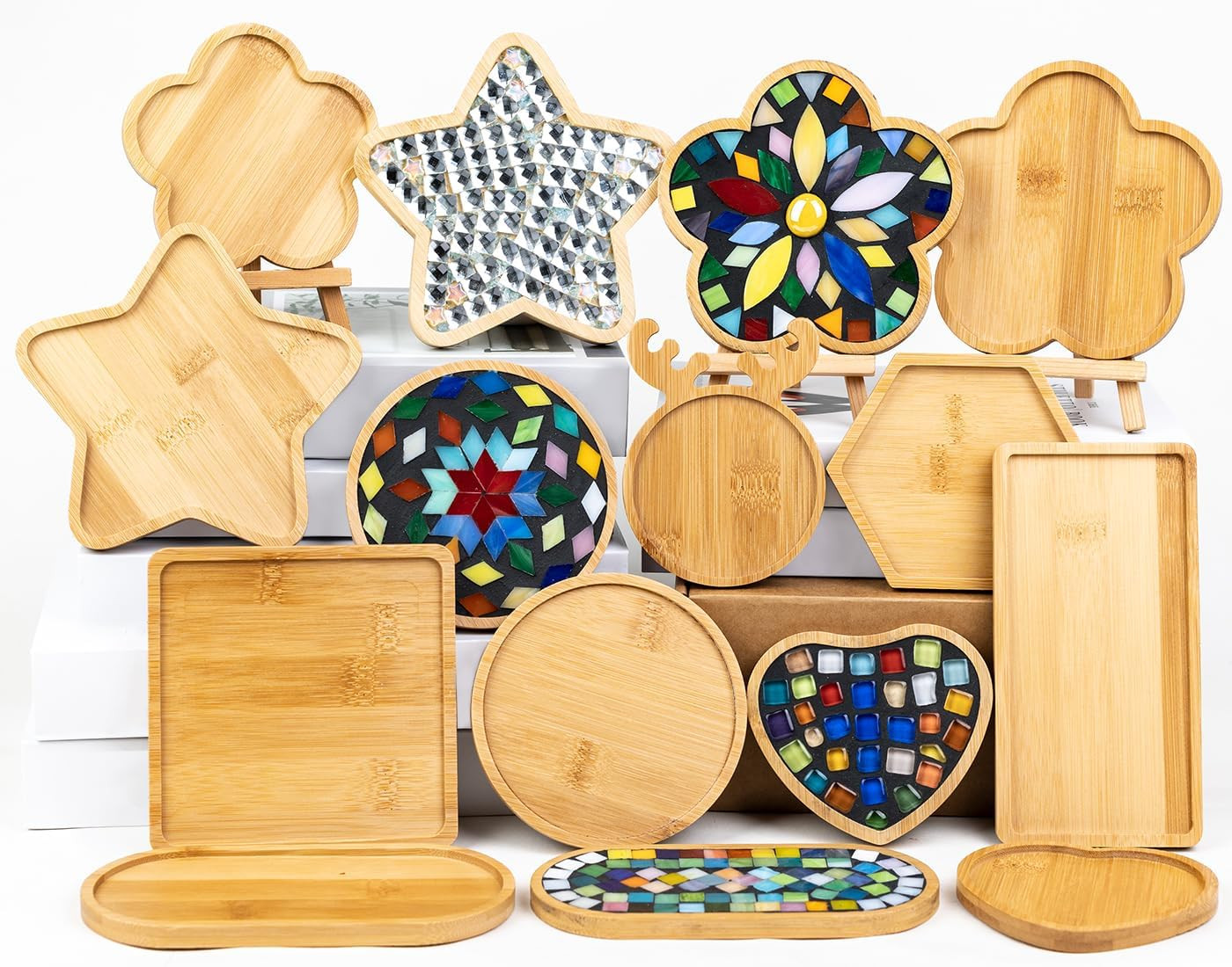 10Pcs Wooden Assorted Shapes Mosaic Bases for DIY Mosaic Coaster Kit, with Woode