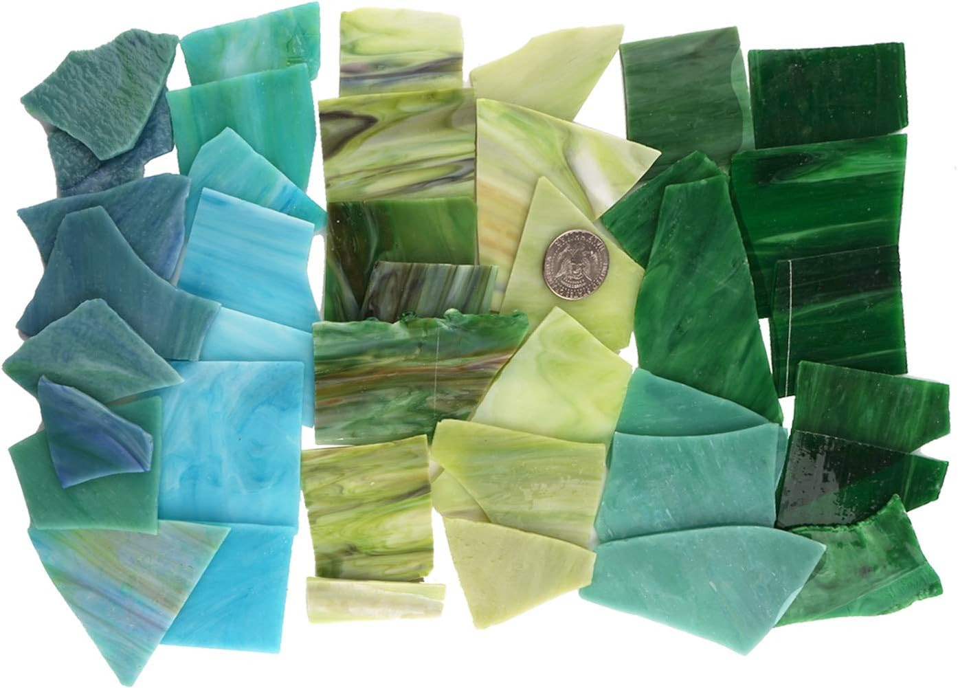 Green Mixed Stained Glass Scrap Pieces Sheets, Glass Mosaic Tiles for Art Crafts