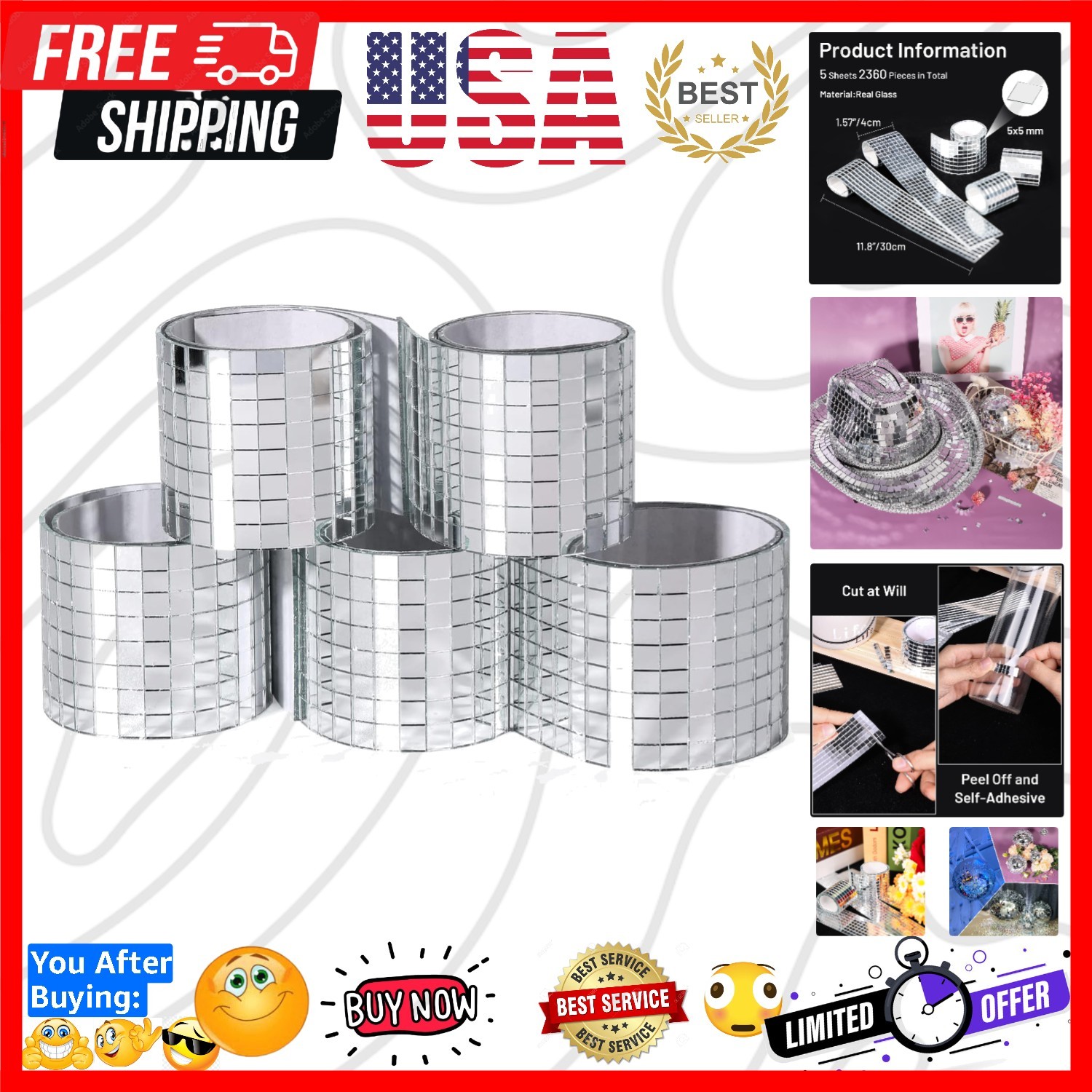 2360 PCS Self Adhesive Mosaic Tiles, 5 x 5 mm Disco Tiles, Square Mirror Mosa…