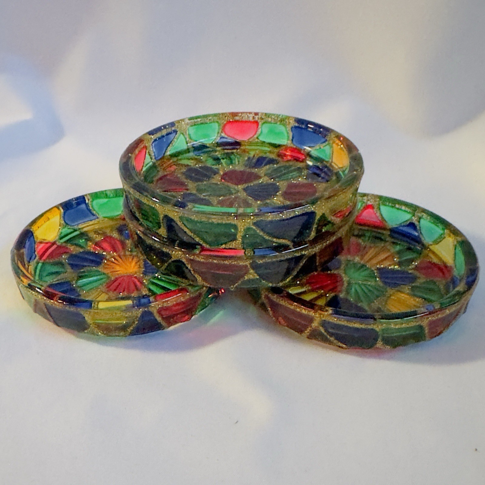 4 Mosaic Stained Glass Coasters Trinket Bowls, Salt Well, Ash Tray Multicolored