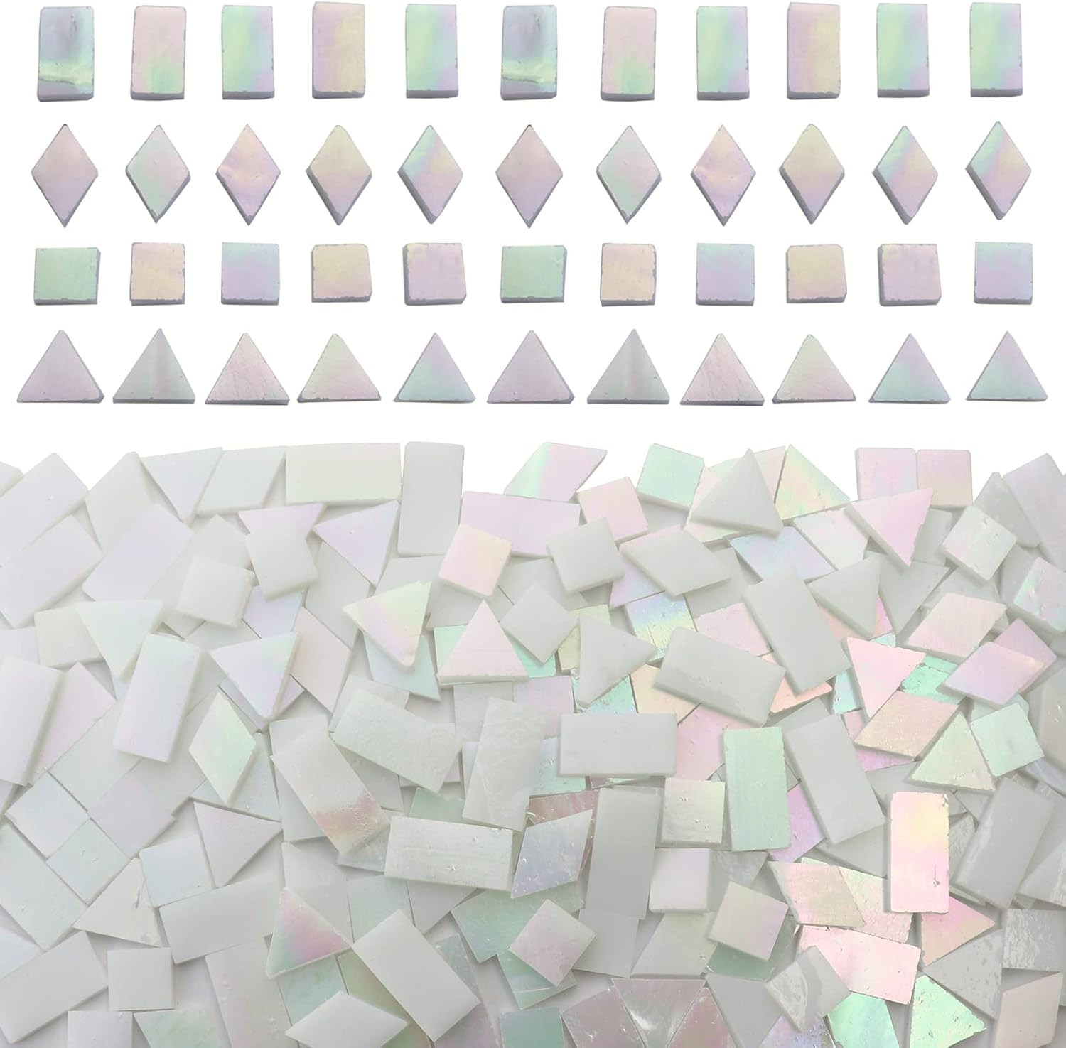 Iridescent White Glass Mosaic Tiles for Crafts, 280 Pcs Mixed 4 Shapes Stained G