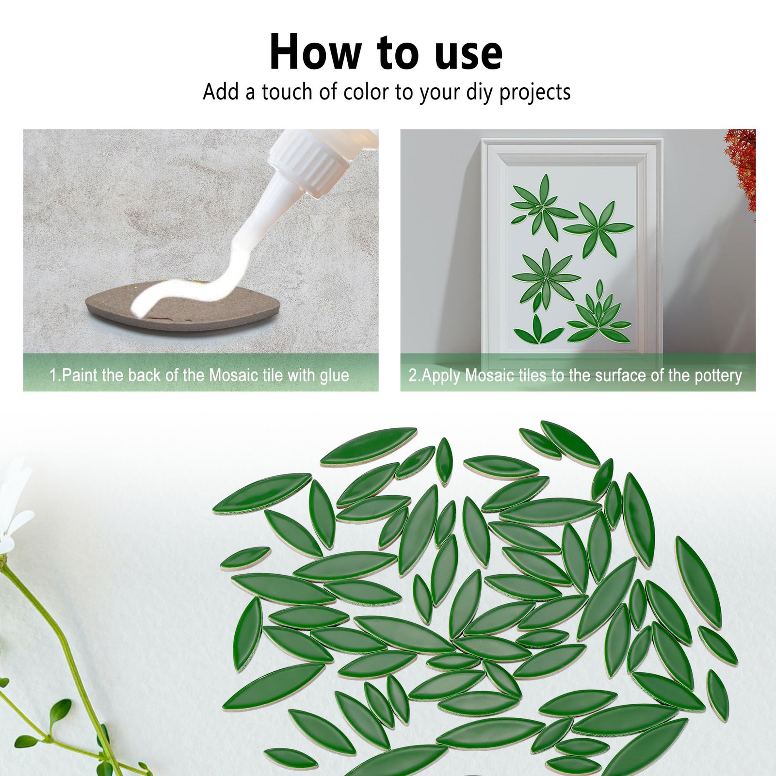 Yoption Petal Mosaic Tiles for Crafts, 200g Flower Leaf Ceramic Green, Green