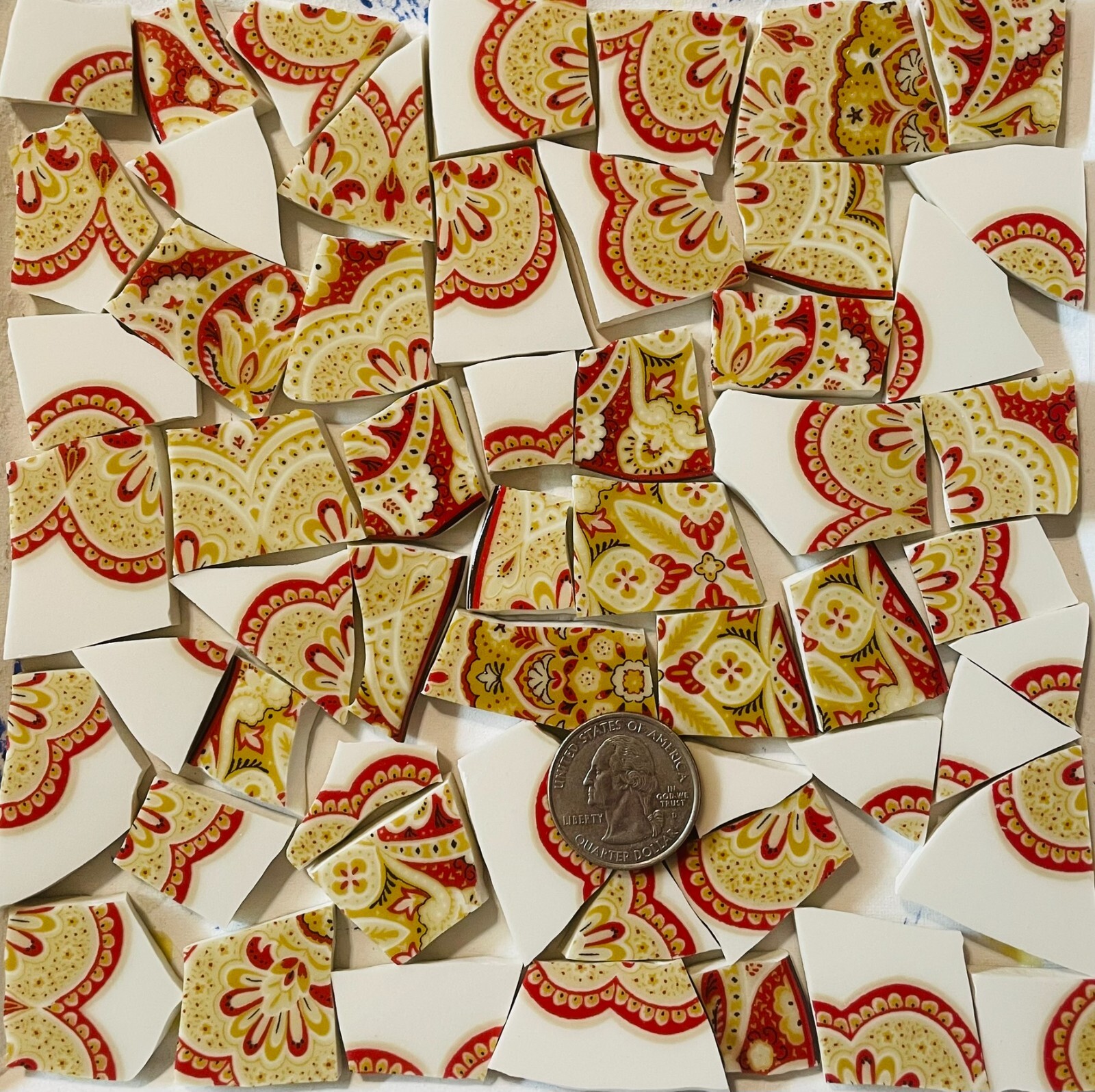 Broken China Mosaic Tile Arts and Craft Supplies – Red & Beige Paisley F075