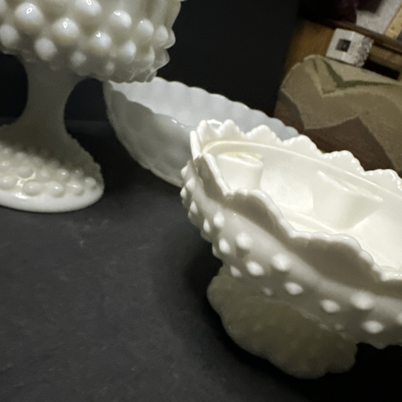 RARE set of 3 opal glass items with a hobnail pattern, manufactured by Fento#R15