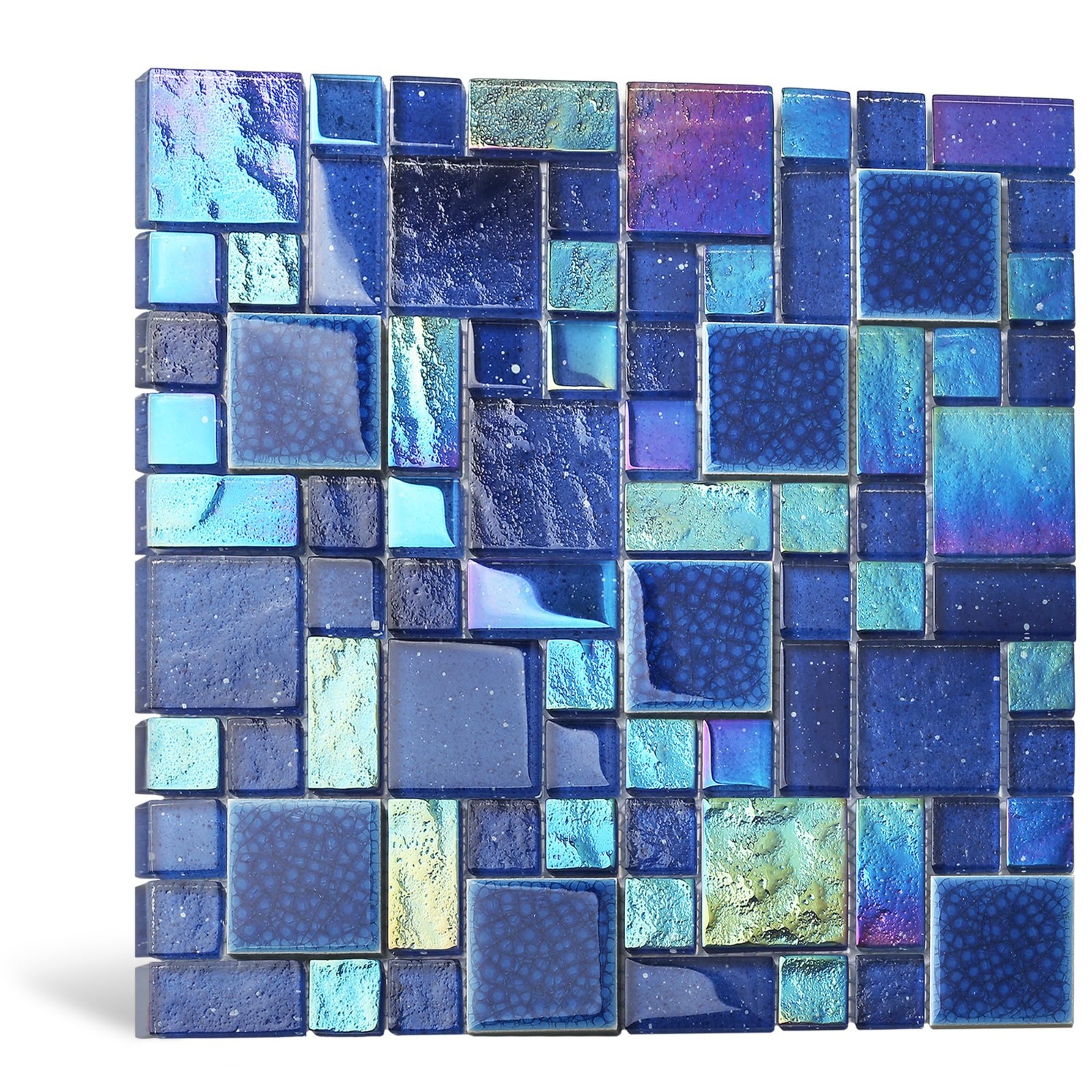 Iridescent Blue Glass Mosaic Tiles – French Pattern Square Sheets for Pool, Kitc