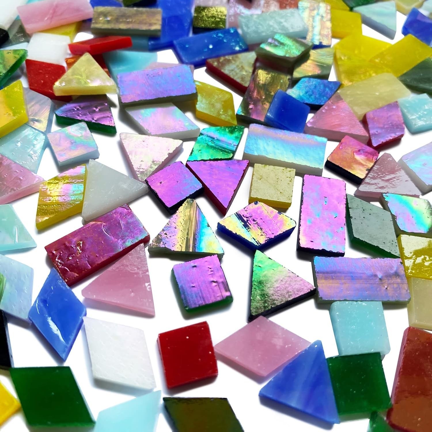 510 Pieces Iridescent Glass Mosaic Tiles for Crafts Mixed 4 Shapes Colorful Sta