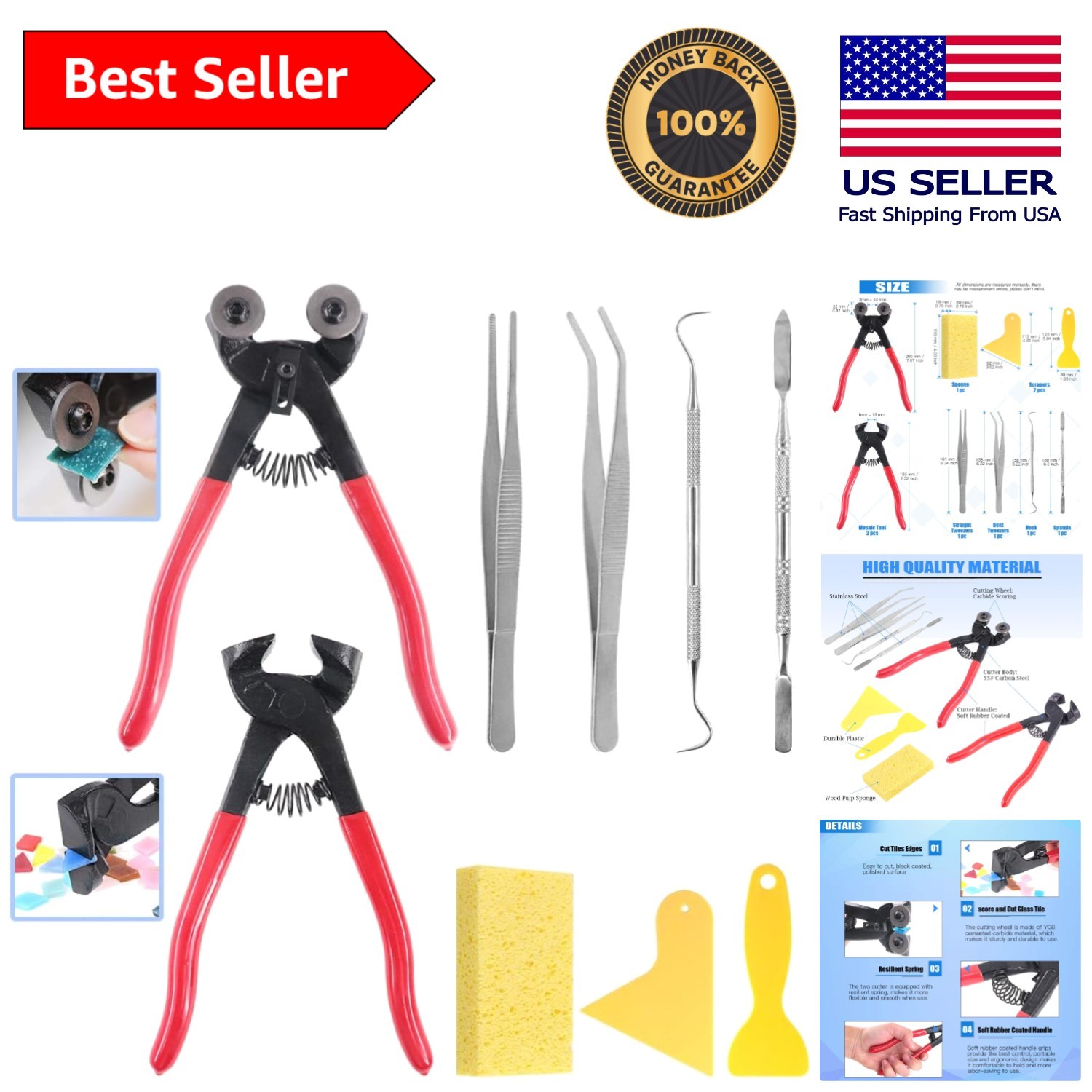 Professional Mosaic Tool Kit: 9-Pcs with Ergonomic Nippers and Tile Cutters
