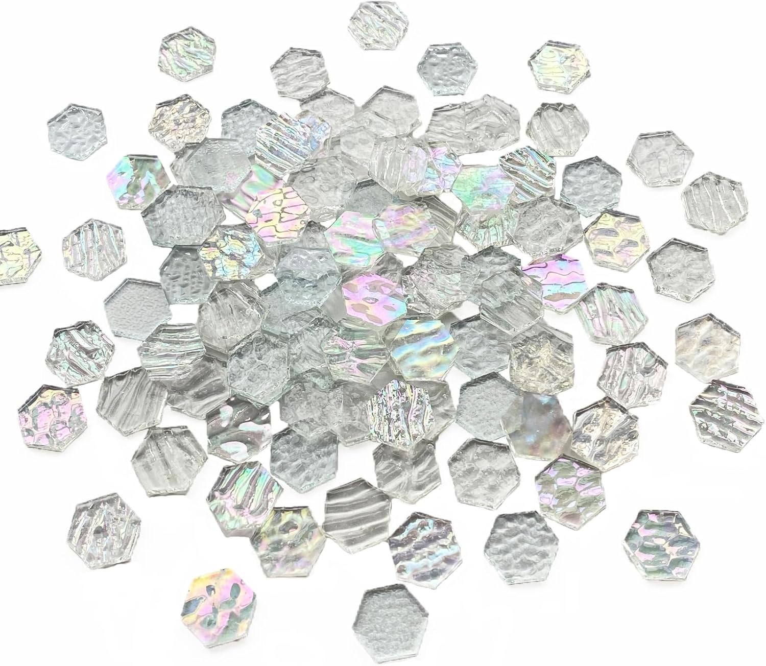 100 Pieces Hexagon Glass Mosaic Tiles for Crafts, Clear Iridescent Stained Glass