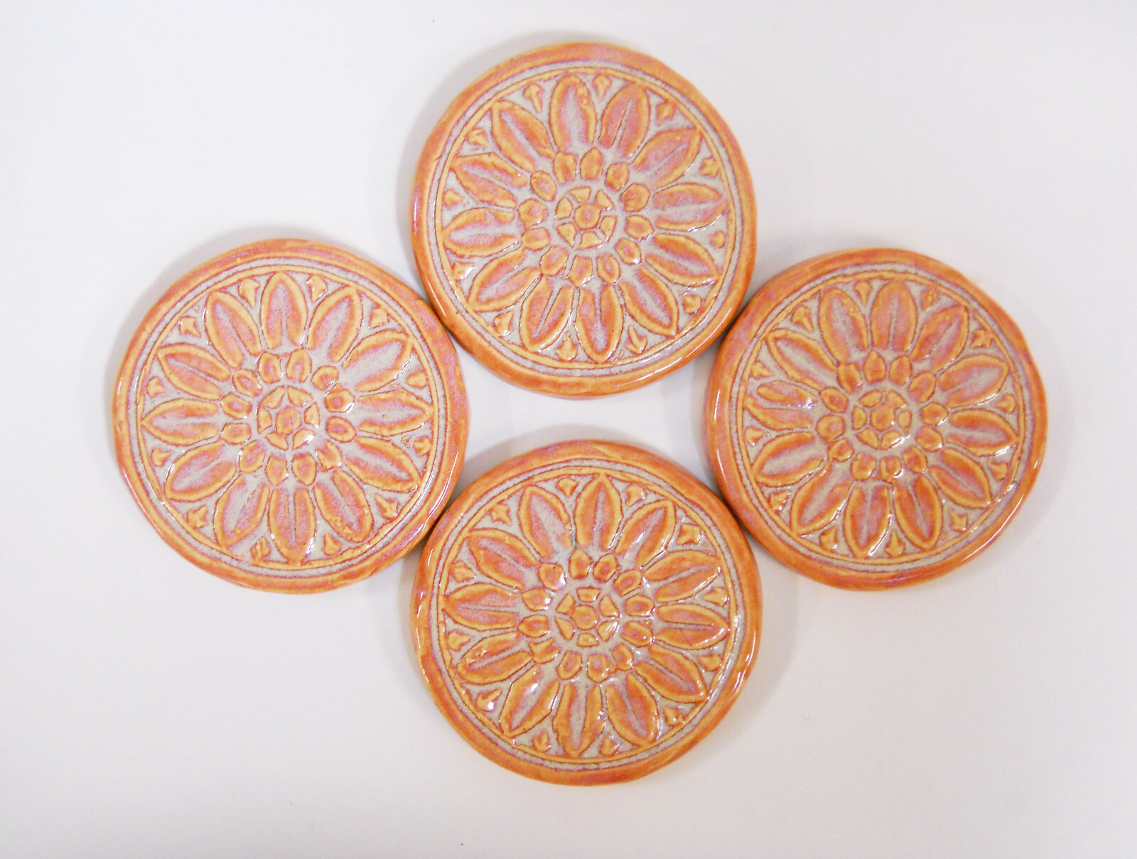 FLORAL MEDALLION TILES Handmade Ceramic Craft / Mosaic Tiles Peach Pink 4 pcs