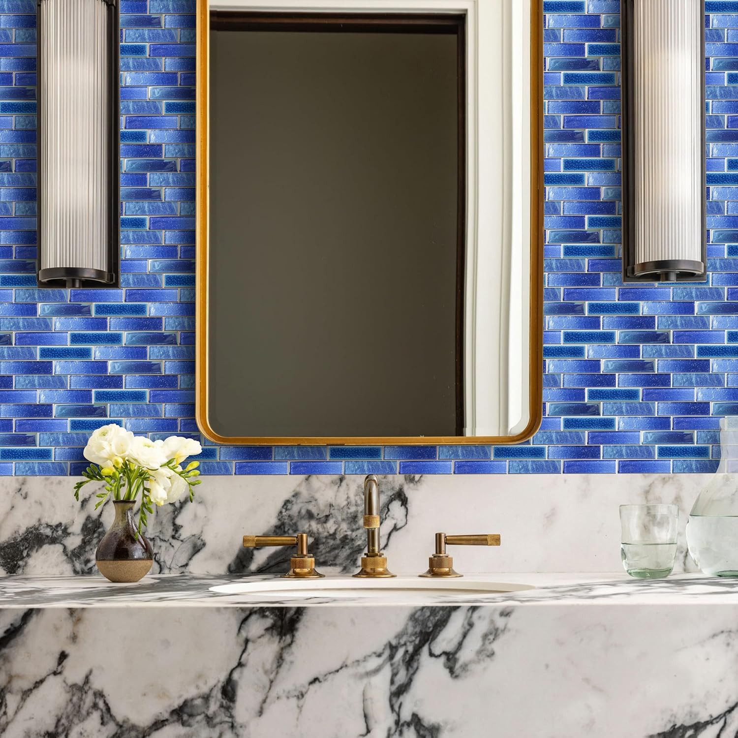 Blue Glass Porcelain Tile Box of 5 Square Feet Iridescent Starry Sky Backsplash