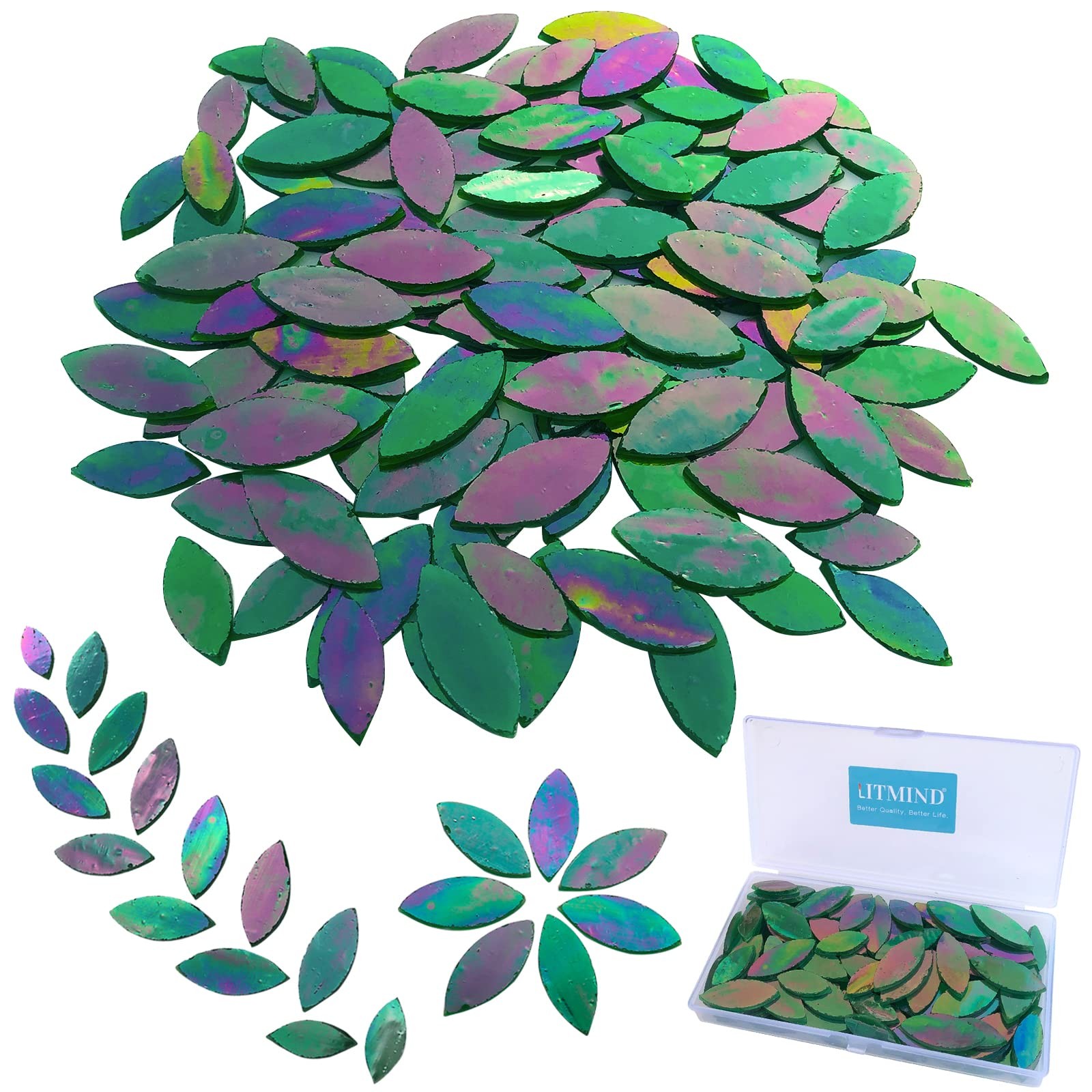 120PCS Iridescent Green Leaf Mosaic Tiles – Precut Stained Glass Petals in 2 …