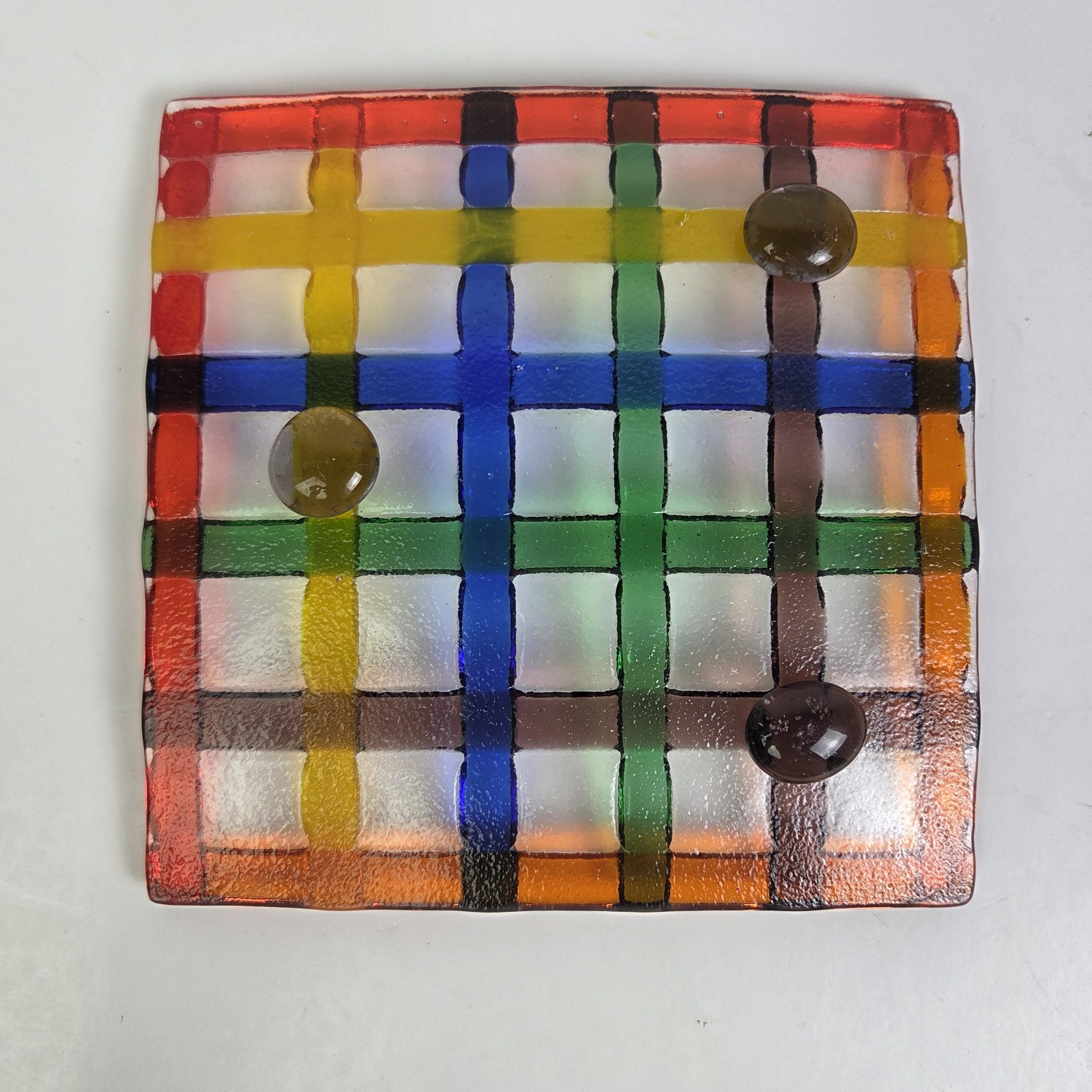 Decorative Tray Fused Art Glass Colorful Woven Pattern