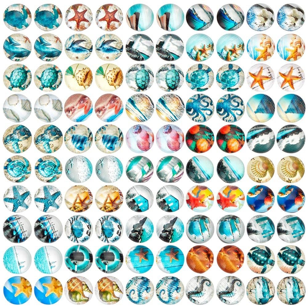 100pcs 10mm Ocean Theme Glass Cabochons, 50 Styles Starfish Shell Printed Gla…