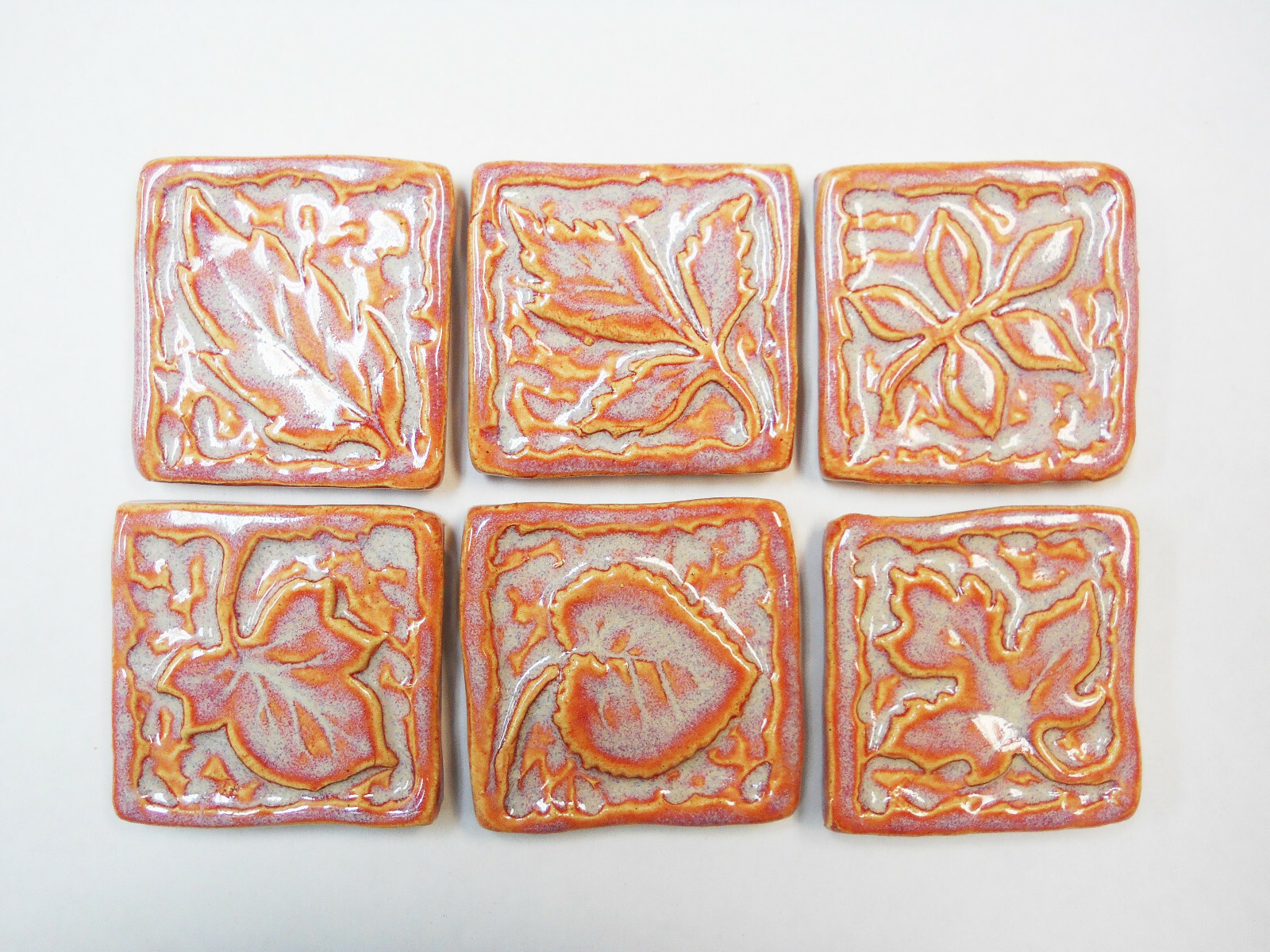 2″ Ceramic Leaf Tiles, 6 pcs, Handmade Stoneware Coral Peach Mosaic Craft Tiles