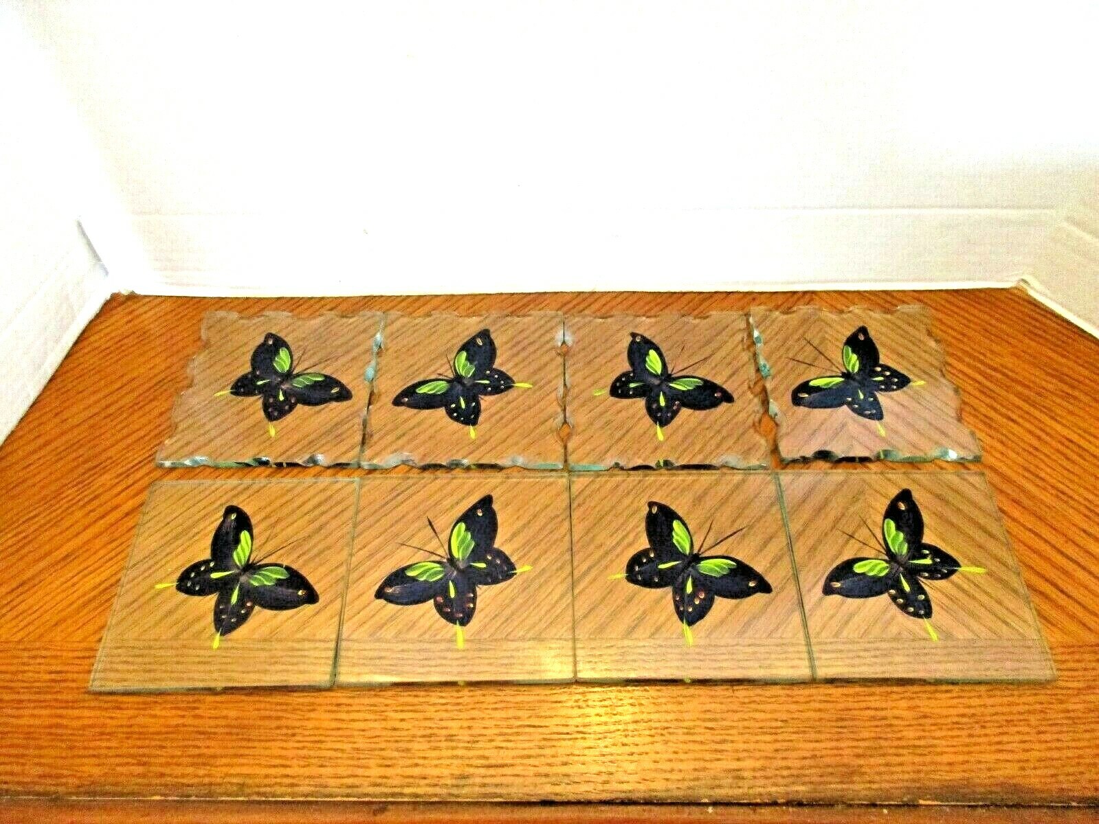 Beautiful Set of 8 Glass Tiles with Butterflies 4″ Squares